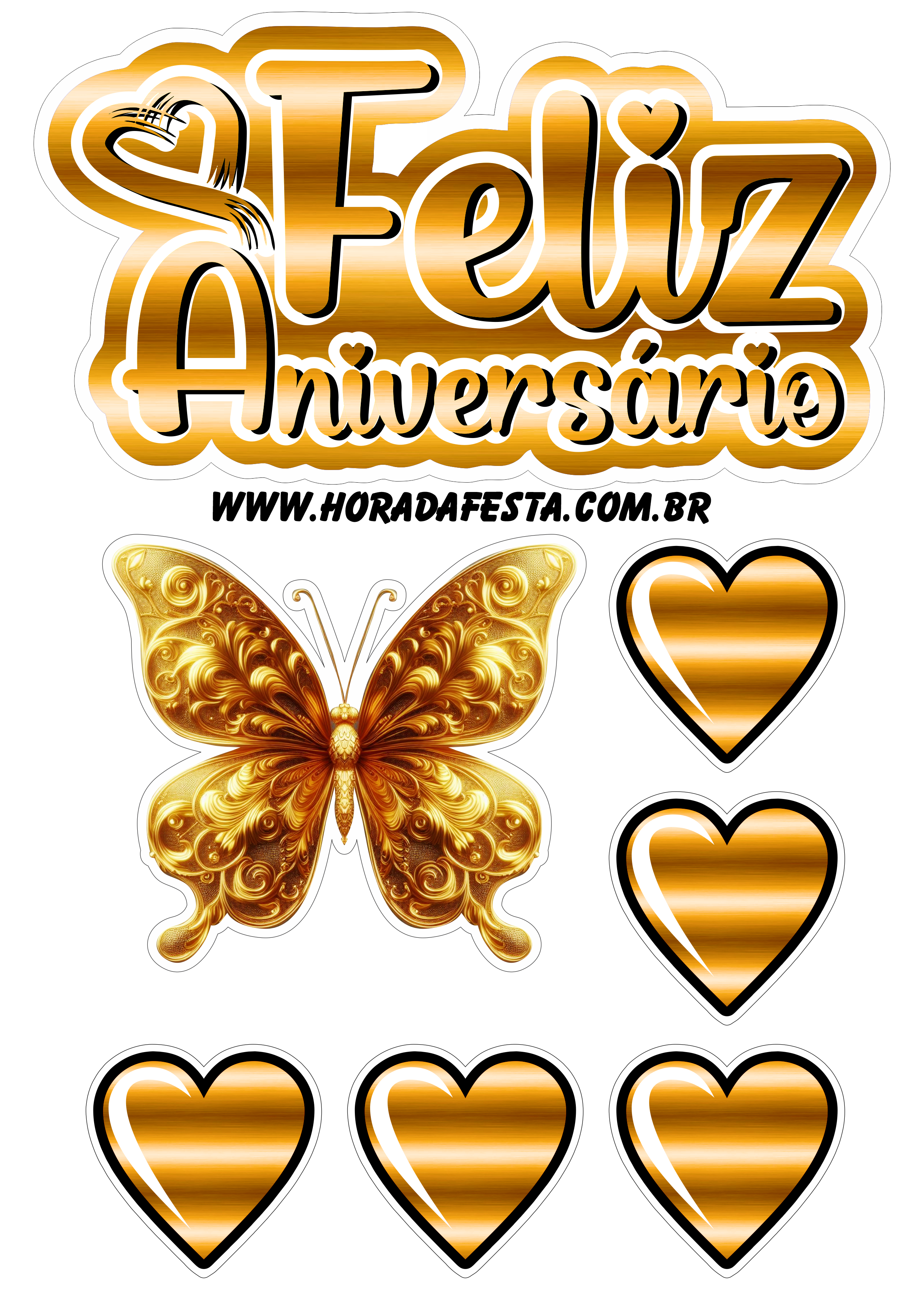 Feliz aniversário topo de bolo com borboletas douradas e corações pronto para imprimir png