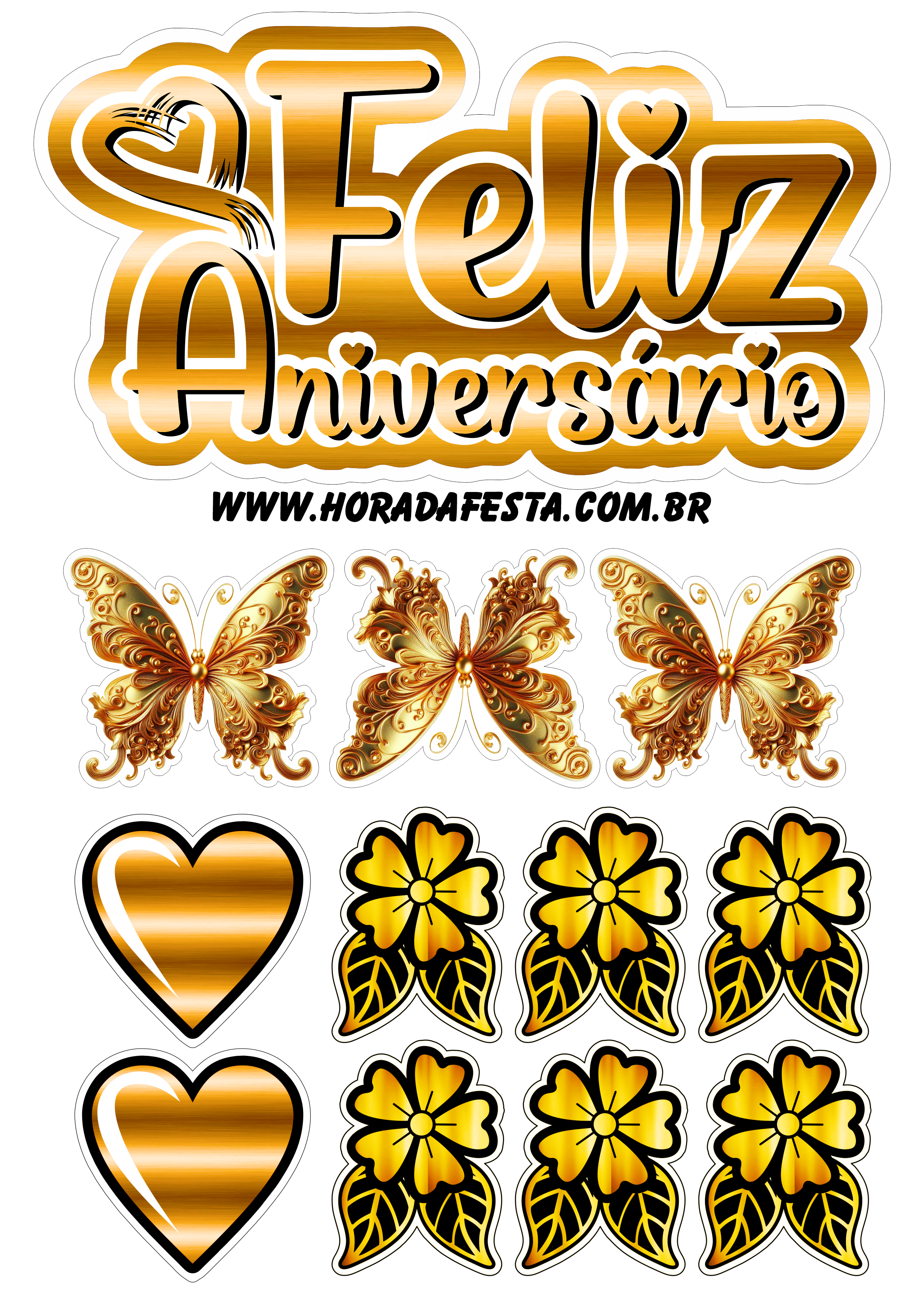 Feliz aniversário topo de bolo com borboletas douradas corações e flores png