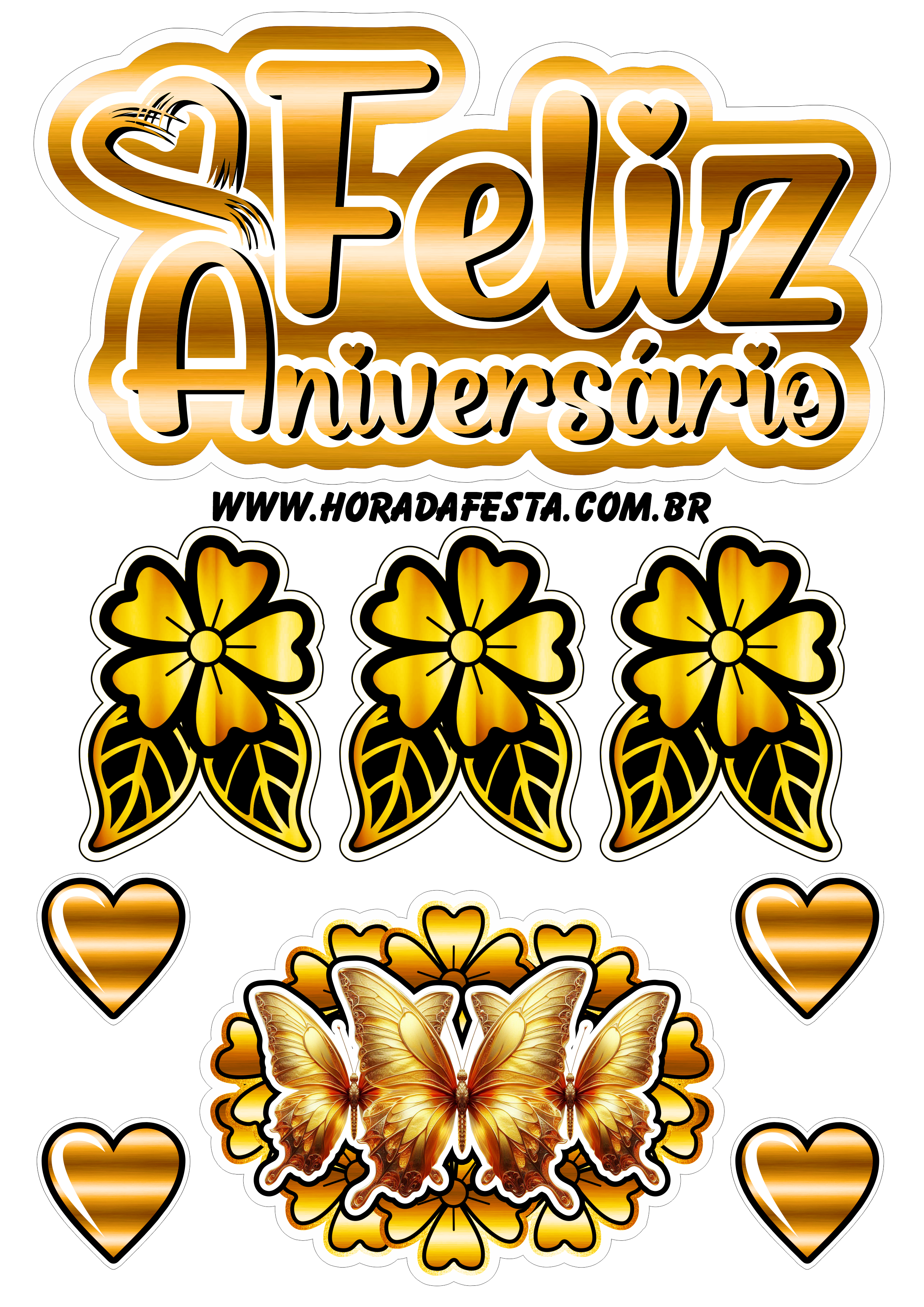Feliz aniversário topo de bolo com borboletas douradas flores e corações hora da festa png