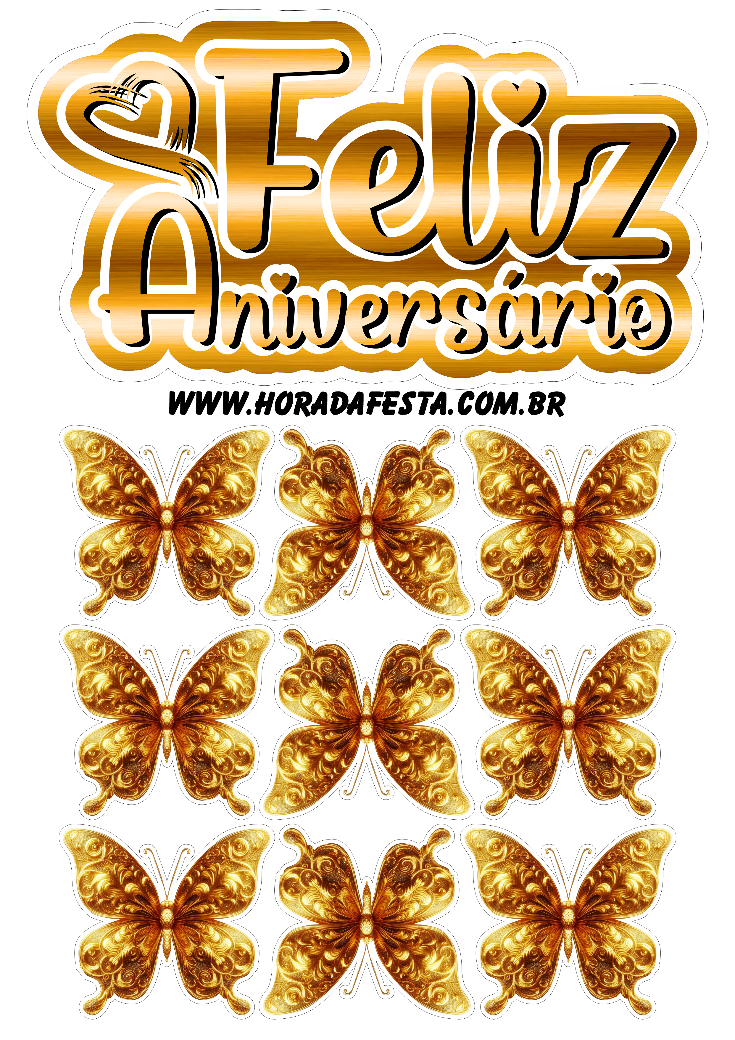 Feliz aniversário topo de bolo com borboletas douradas pronto para imprimir papelaria criativa png