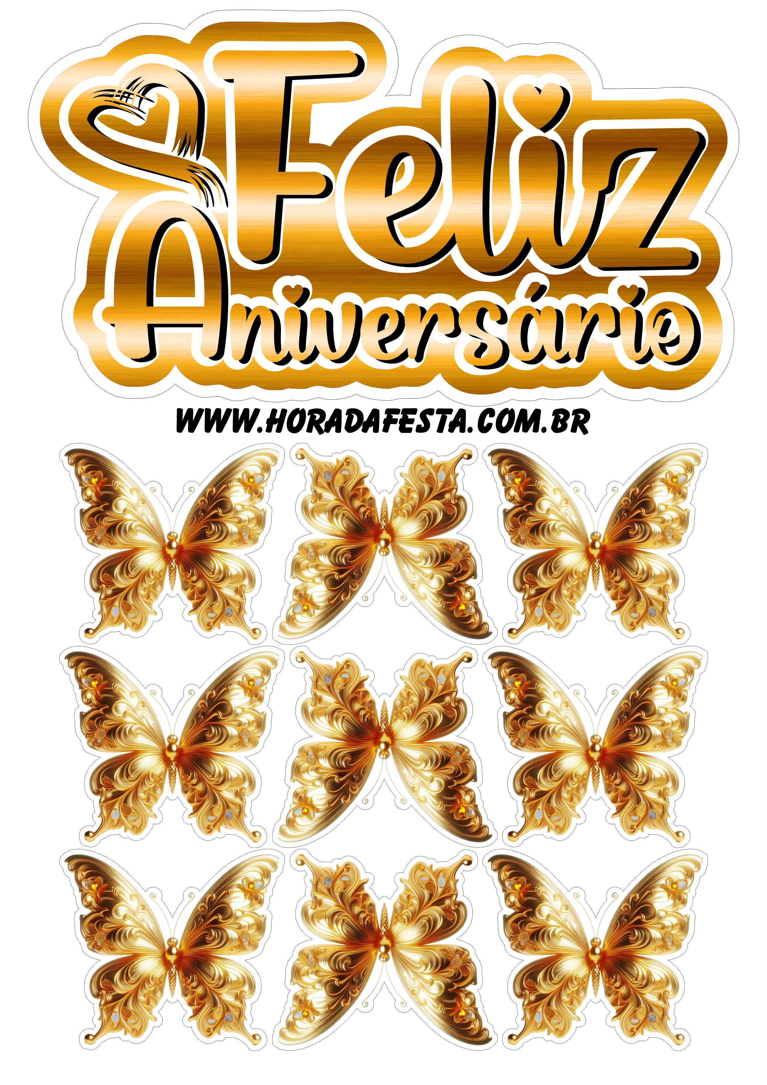 Feliz aniversário topo de bolo com borboletas douradas pronto para imprimir papelaria criativa renda extra com personalizados png