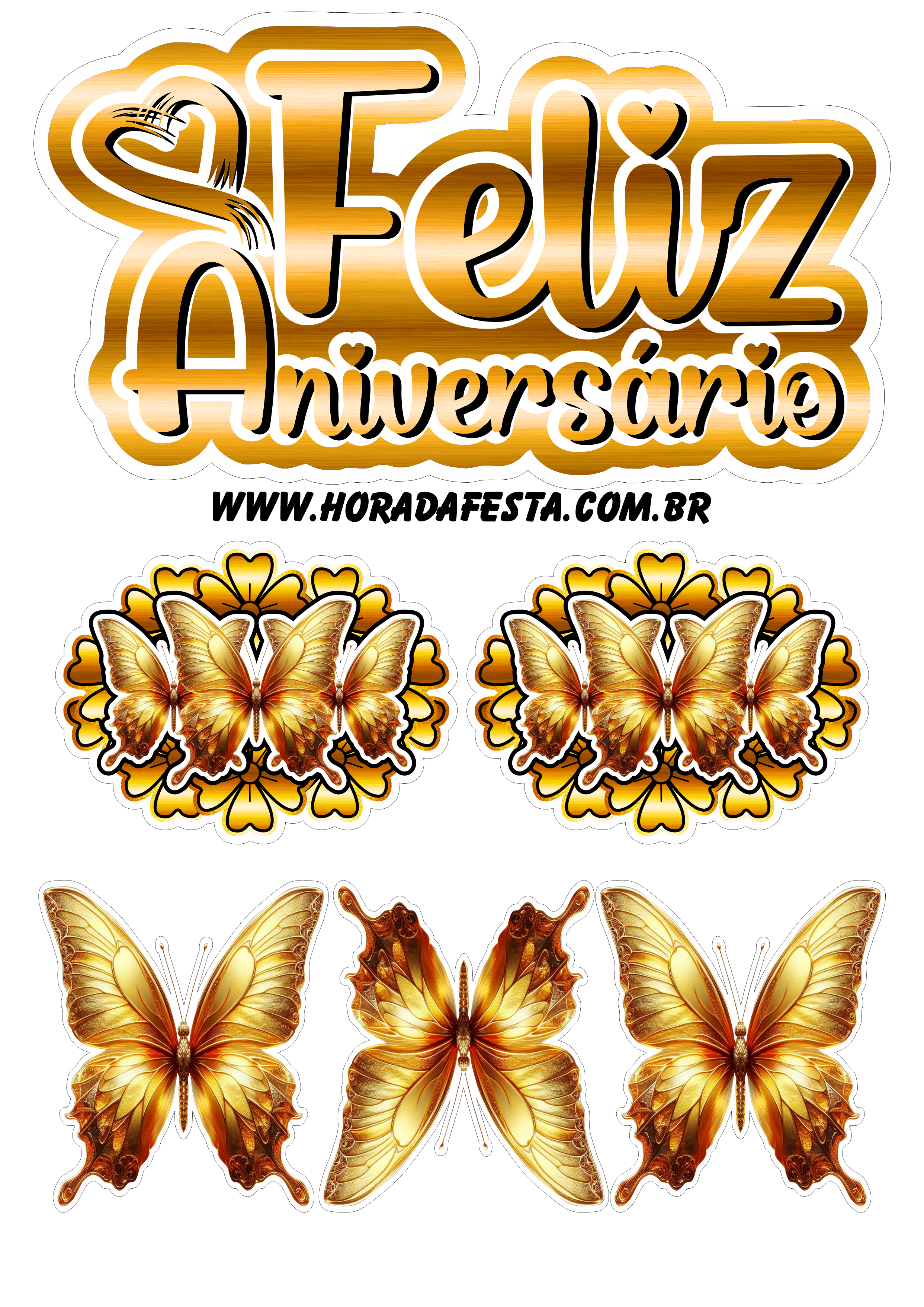 Feliz aniversário topo de bolo com borboletas douradas pronto para imprimir papelaria criativa renda extra com festas recorte png