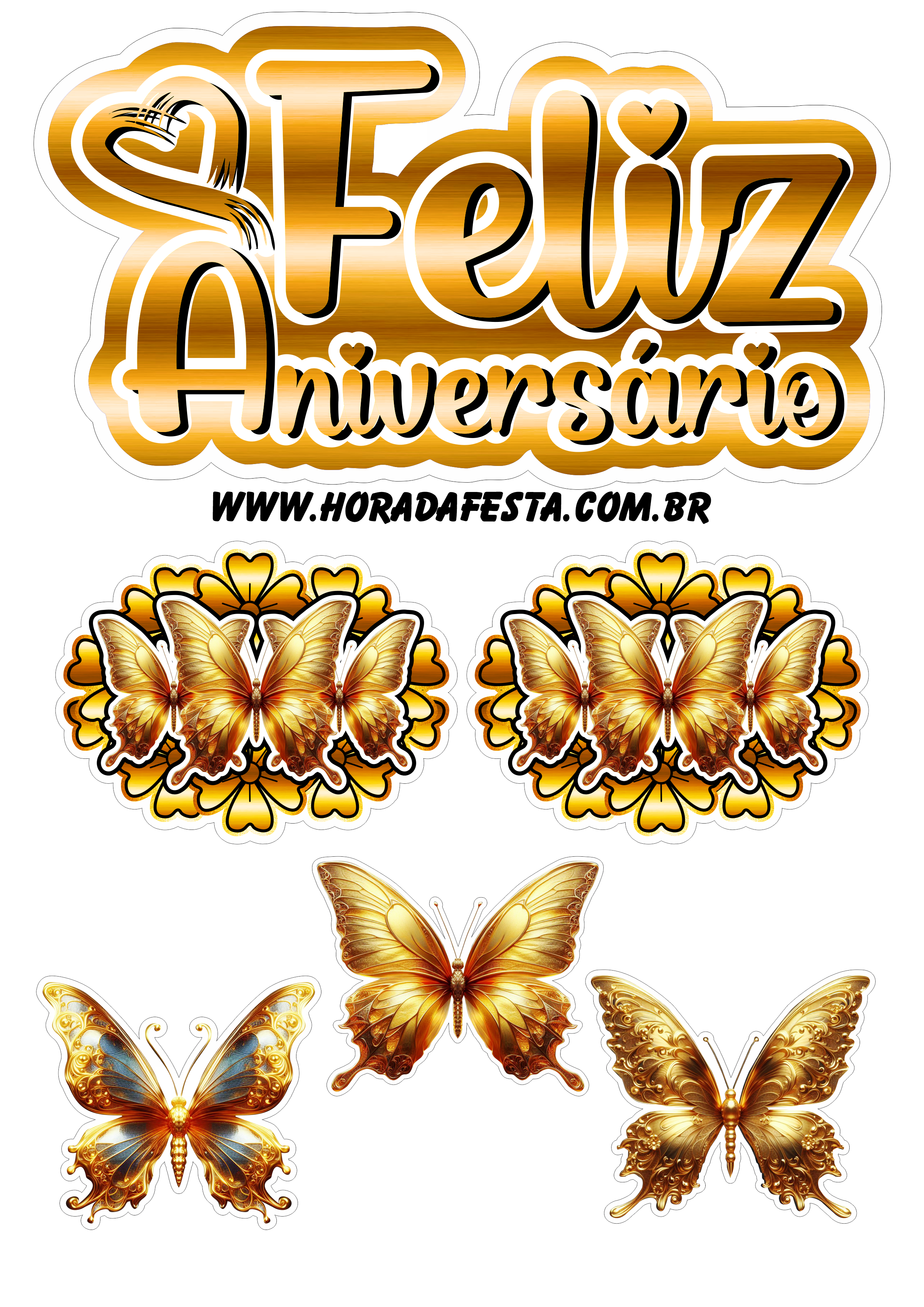 Feliz aniversário topo de bolo com borboletas douradas pronto para imprimir papelaria criativa renda extra com festas artes gráficas png