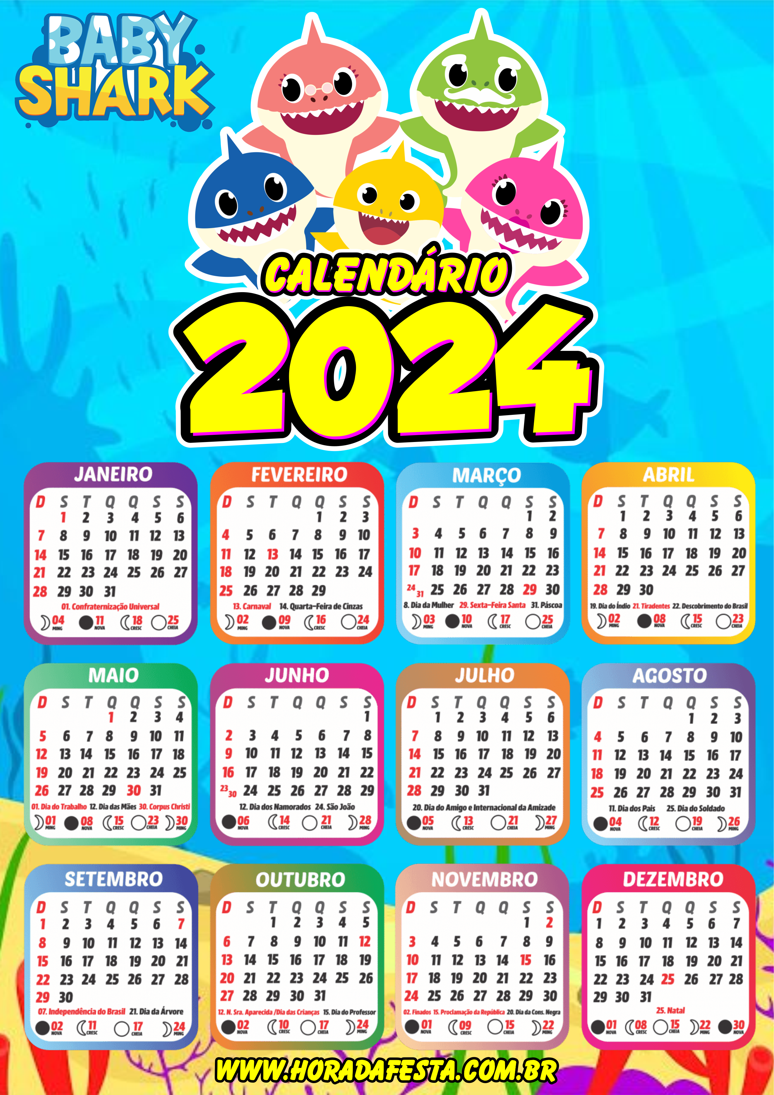 Calendário 2024 Baby Shark desenho infantil png