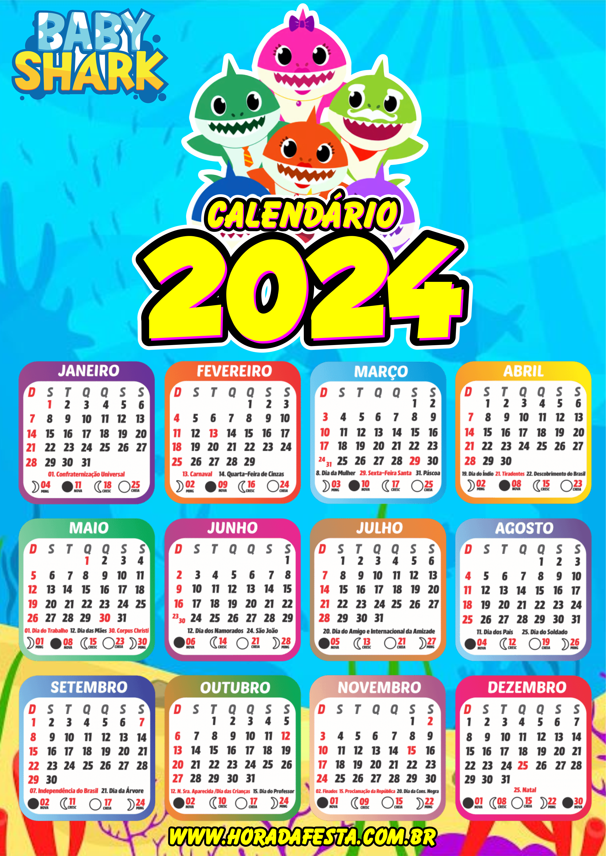 Calendário 2024 Baby Shark desenho infantil personalizado png