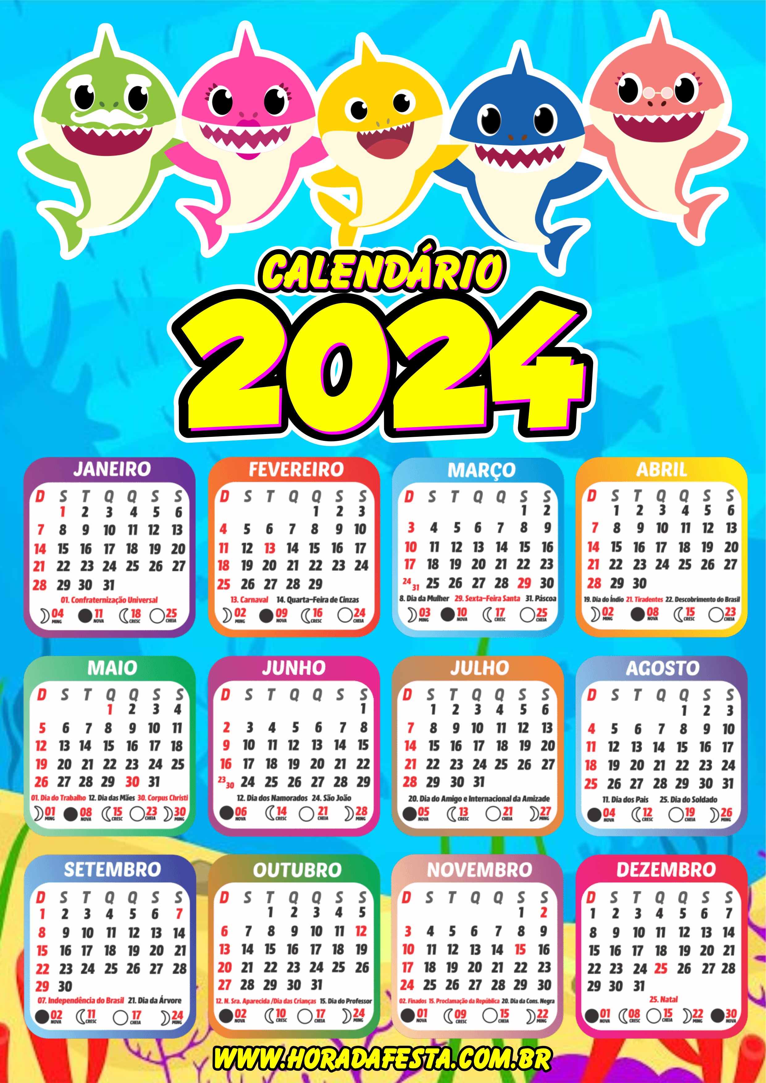 Calendário 2024 Baby Shark desenho infantil personalizado artes gráficas png