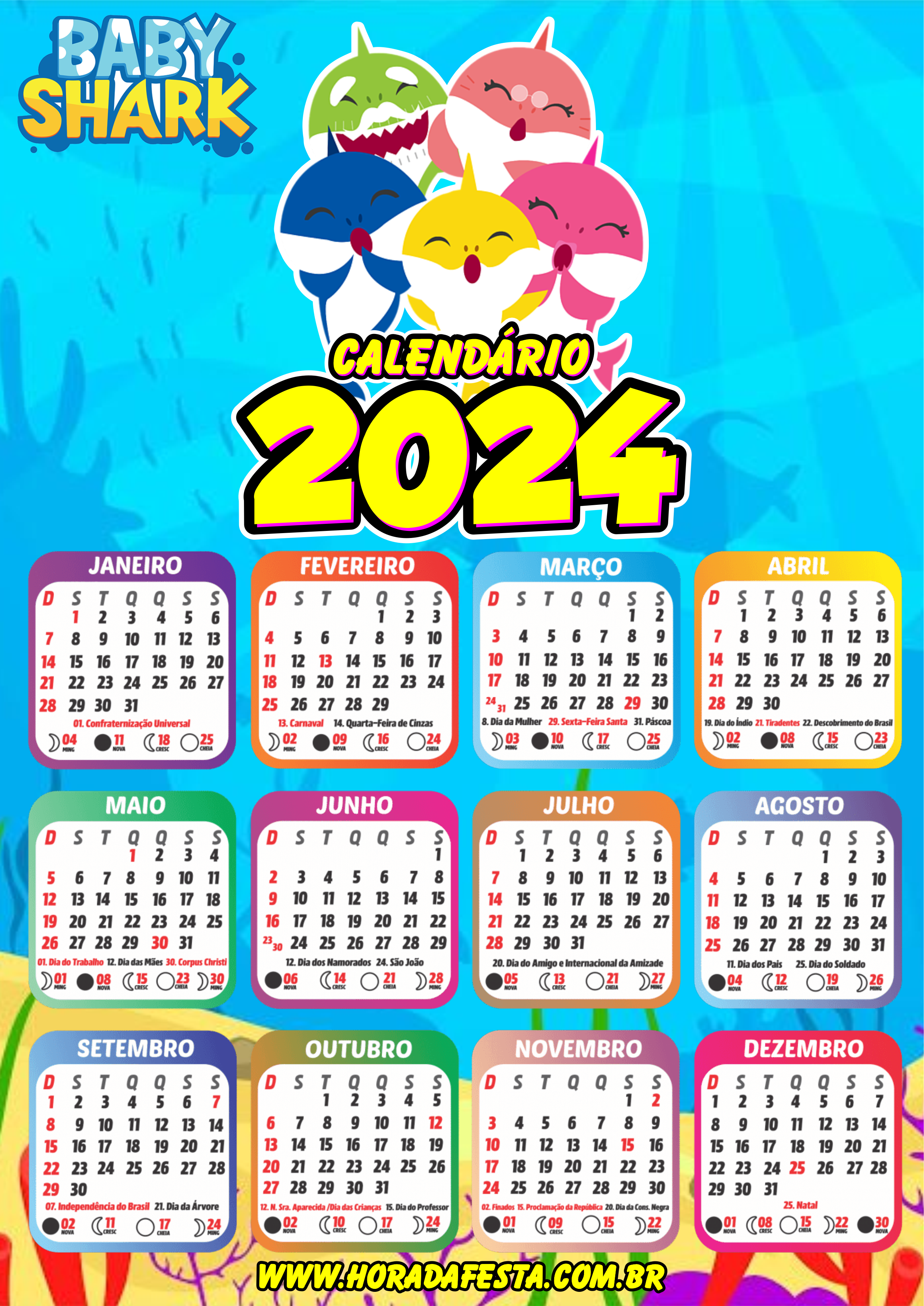 Calendário 2024 Baby Shark desenho infantil personalizado artes gráficas design png