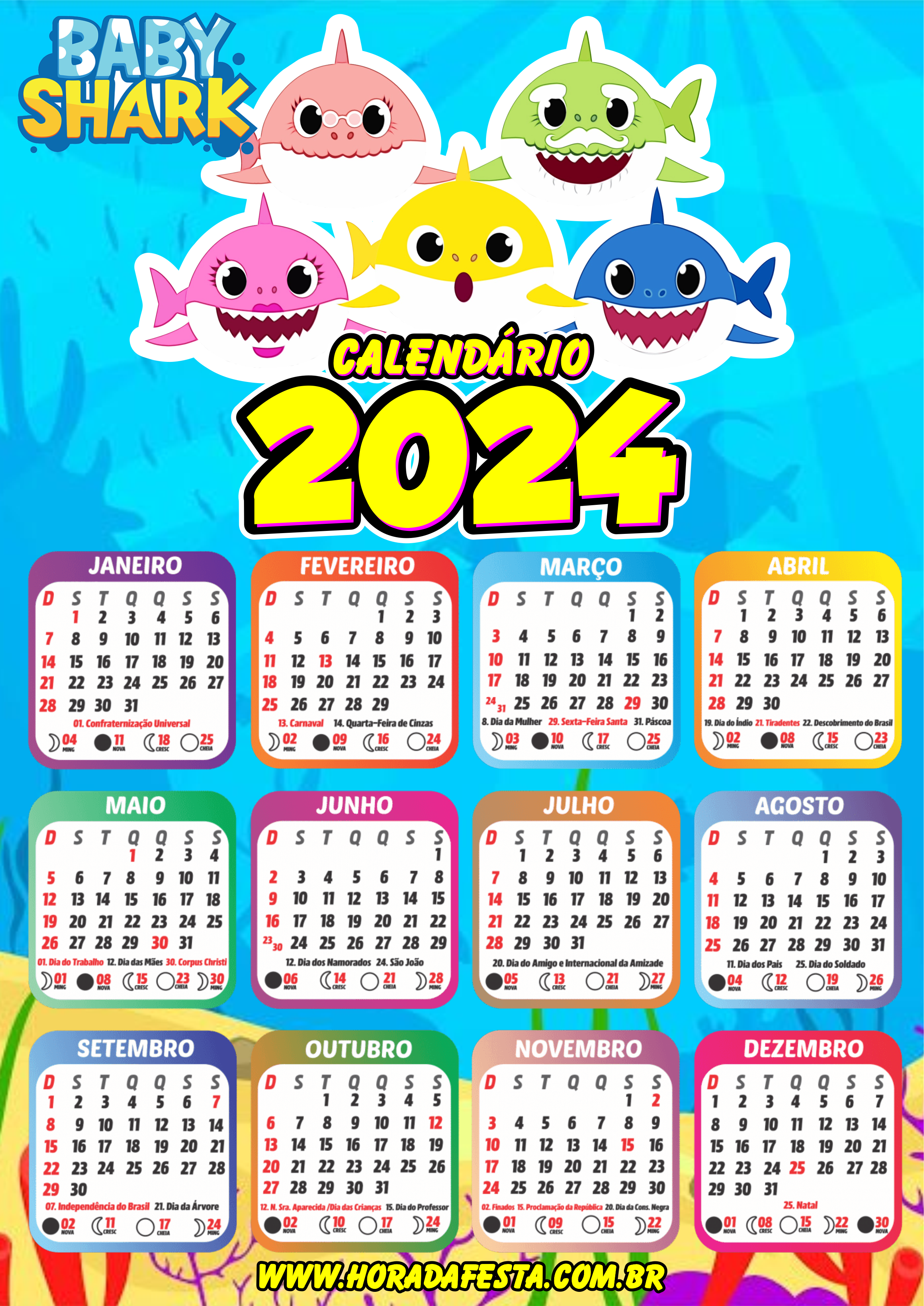 Calendário 2024 Baby Shark desenho infantil personalizado artes gráficas design personagens png
