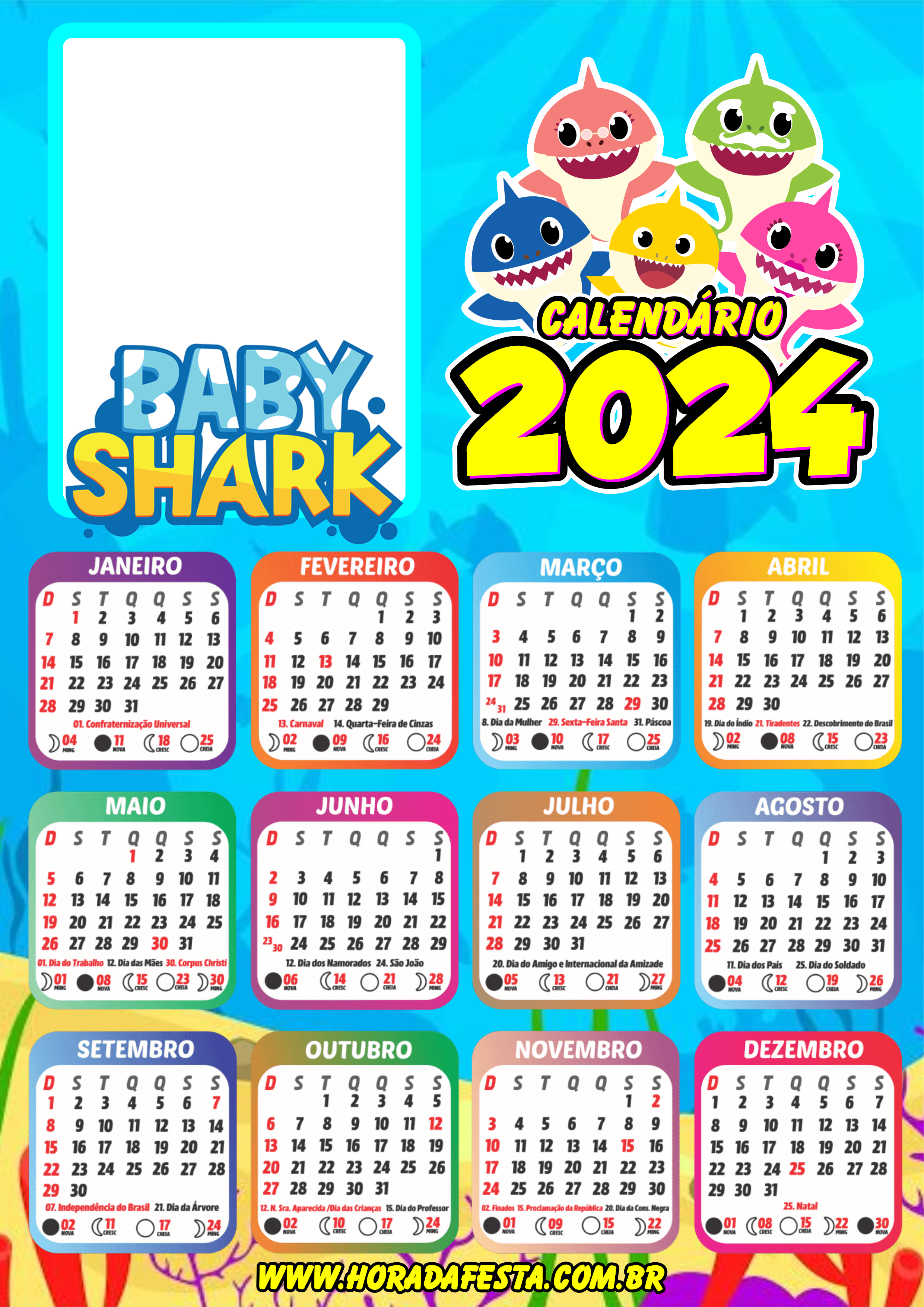 Calendário 2024 Baby Shark desenho infantil porta retrato png