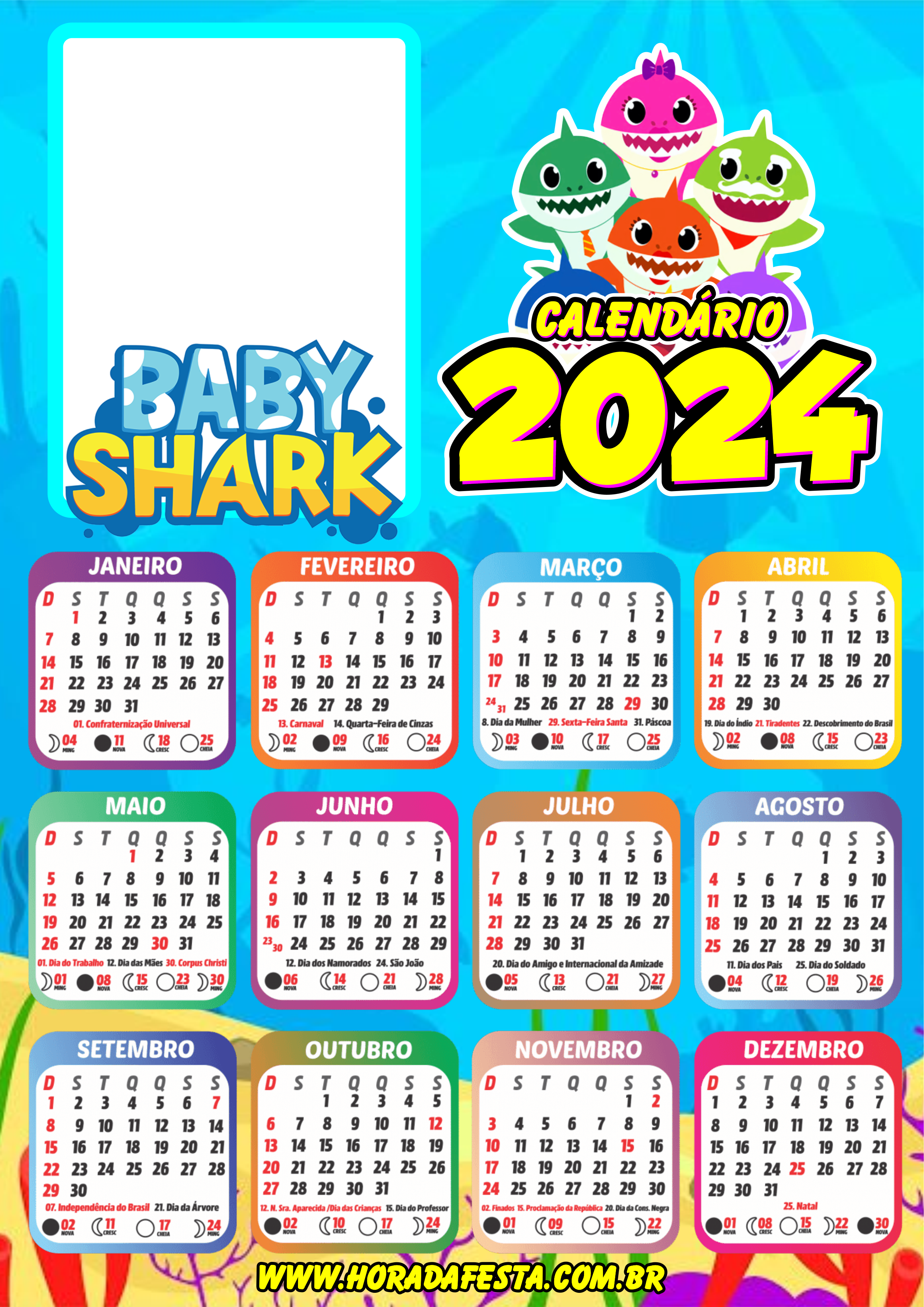 Calendário 2024 Baby Shark desenho infantil personalizado com foto png