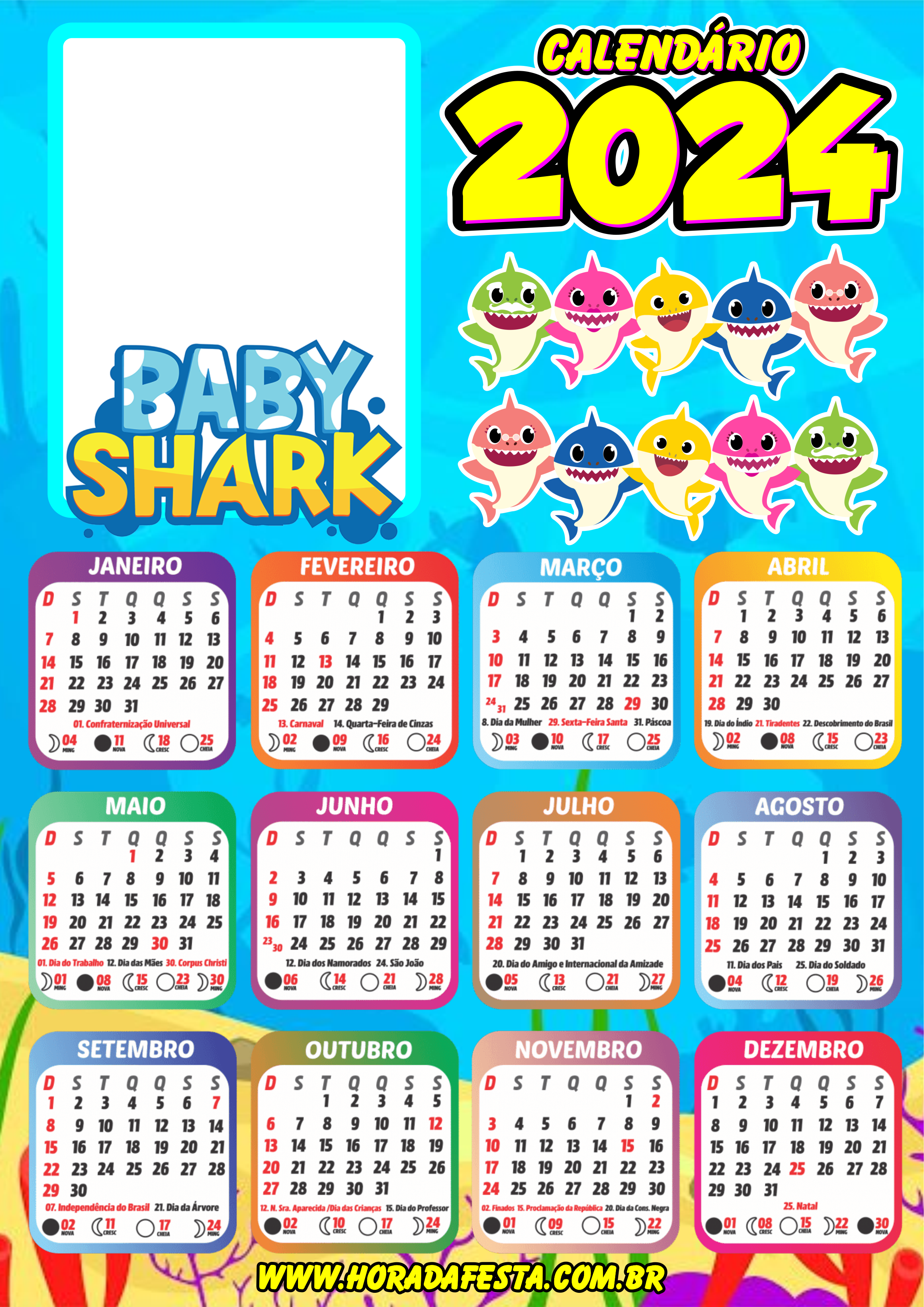 Calendário 2024 Baby Shark desenho infantil personalizado com foto design png