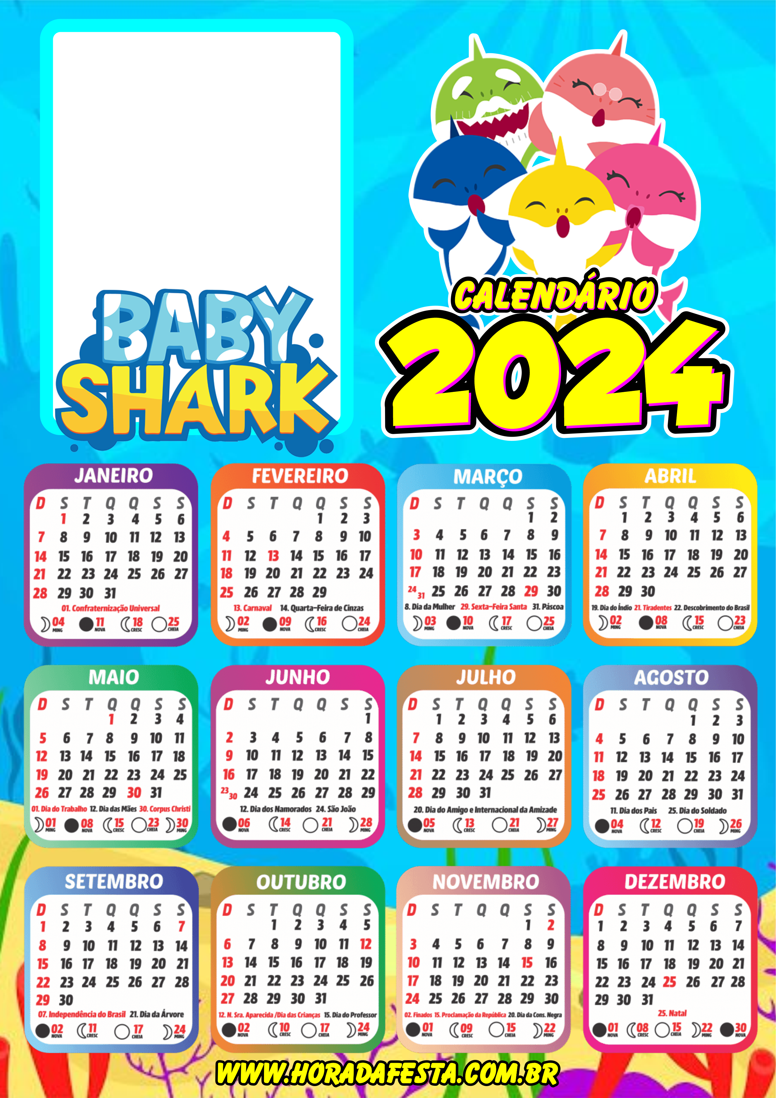 Calendário 2024 Baby Shark desenho infantil personalizado com foto design artes gráficas png