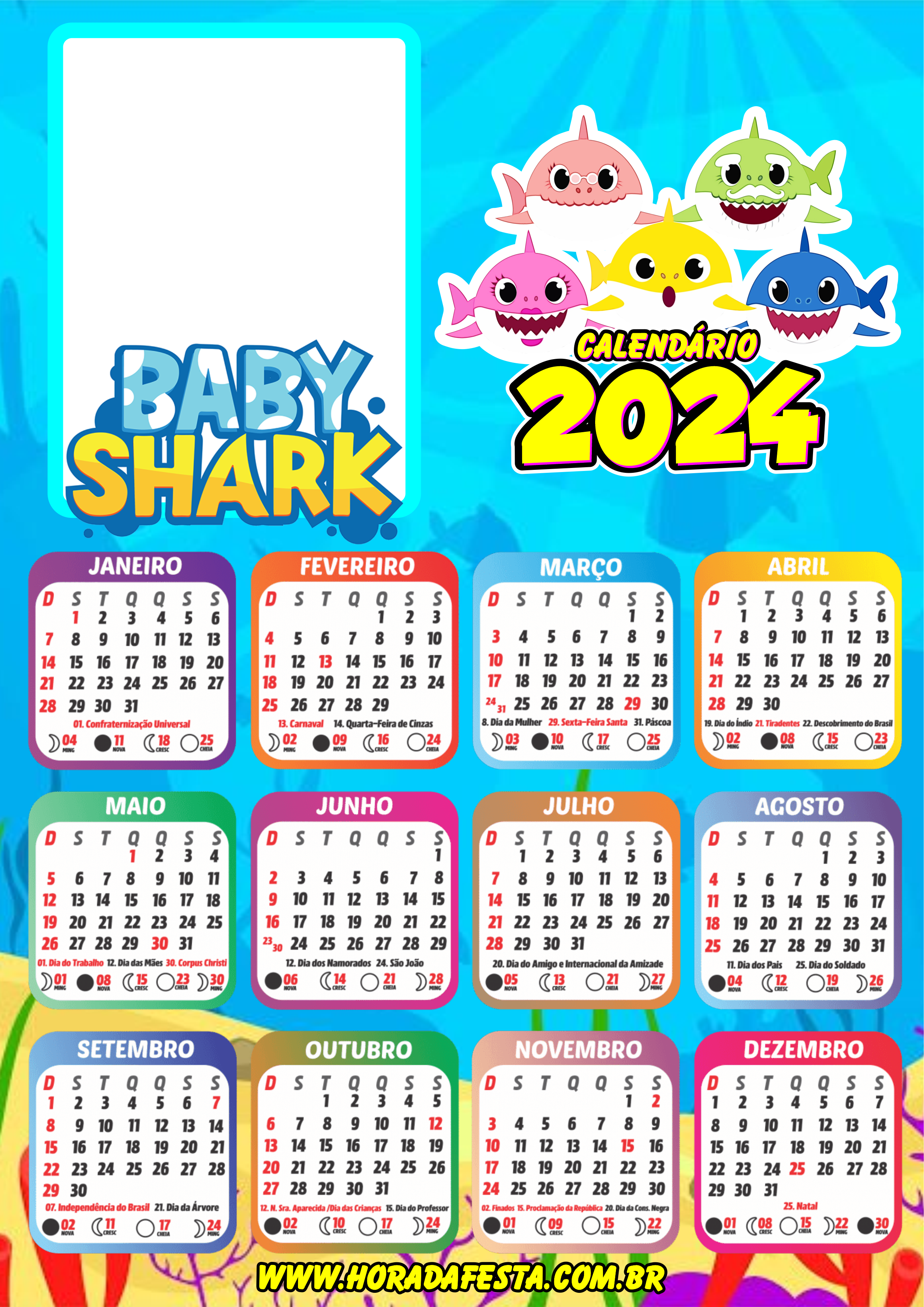 Calendário 2024 Baby Shark desenho infantil personalizado com foto design artes gráficas grátis png