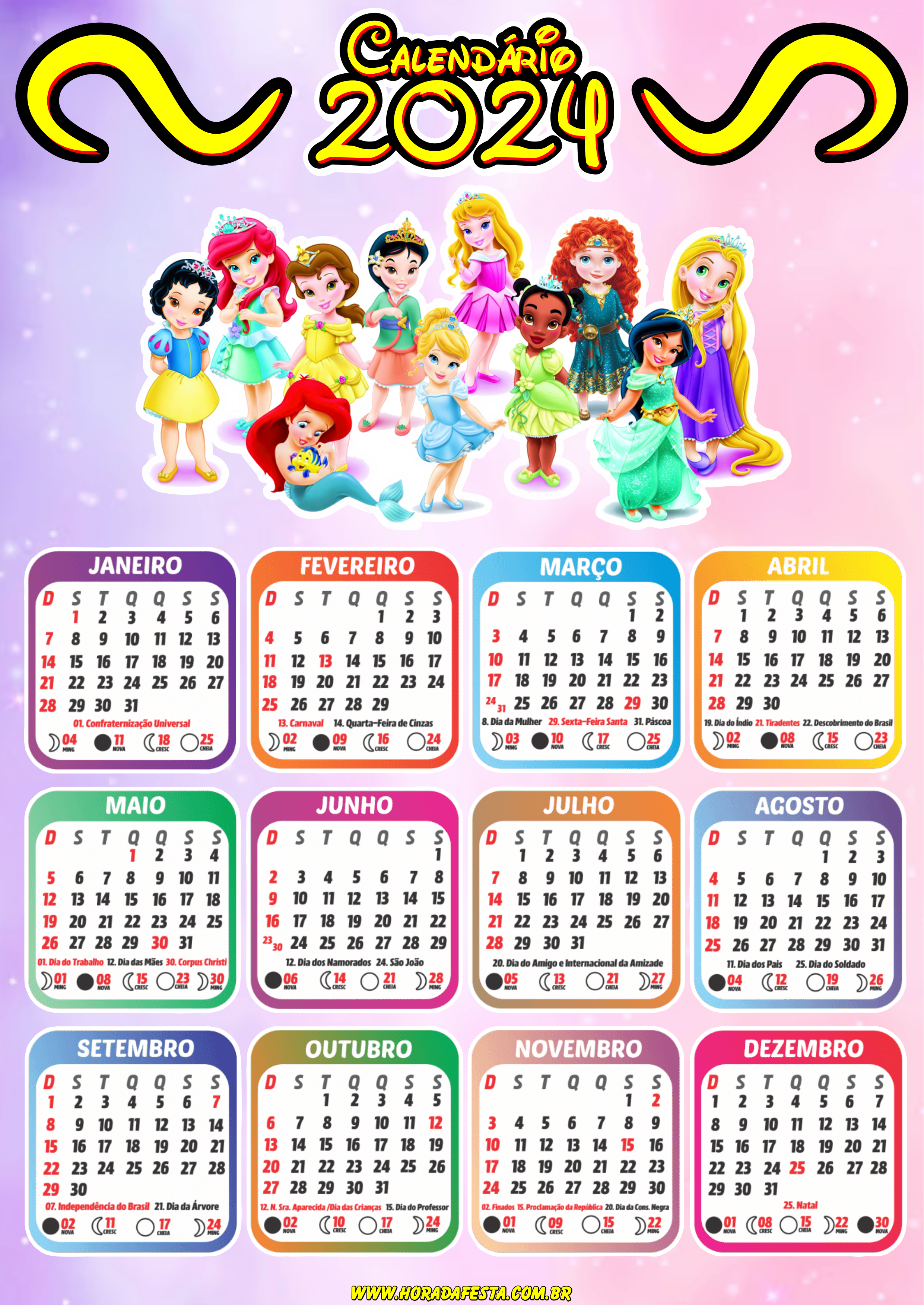 Calendário 2024 princesas Disney png