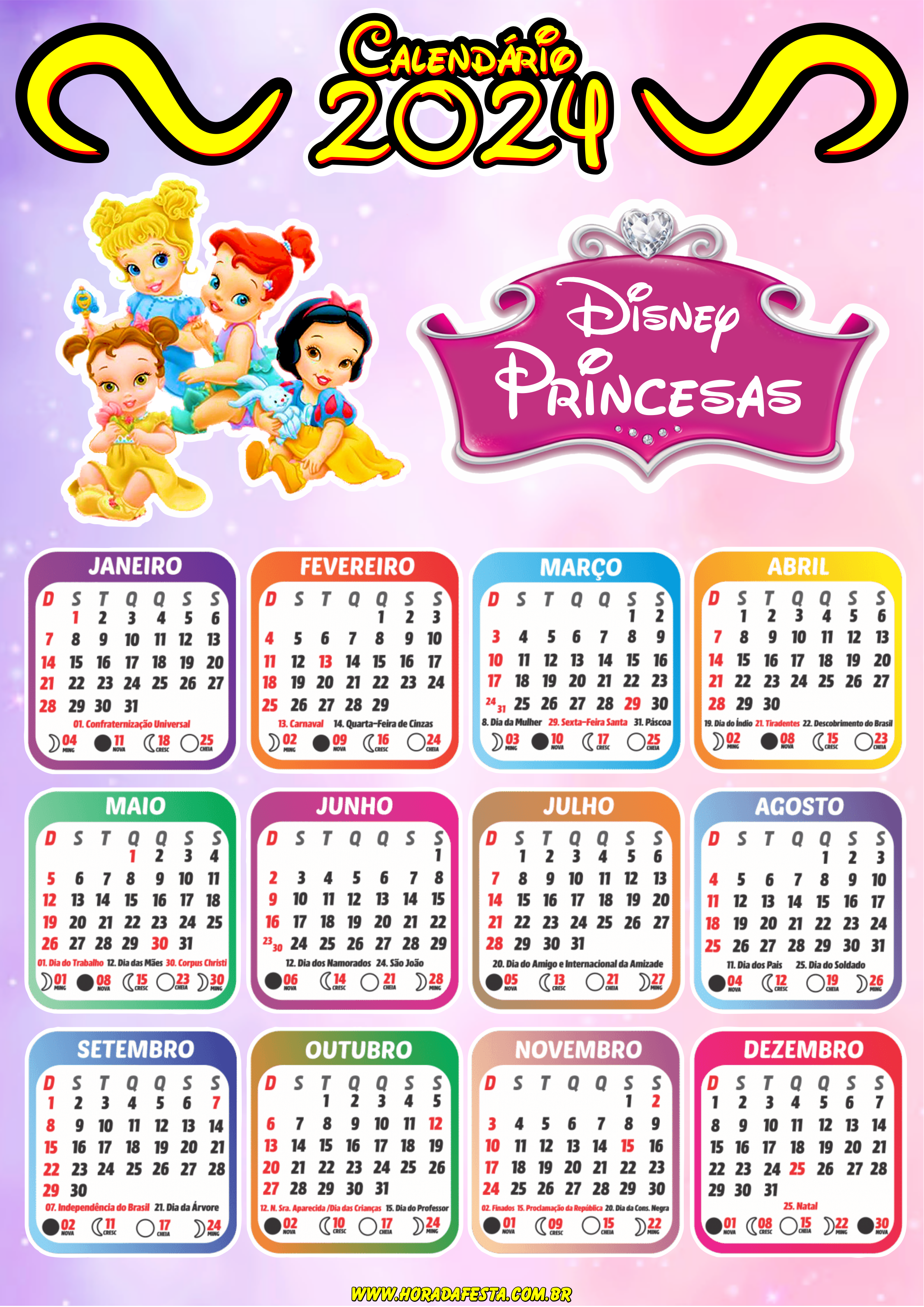 Calendário 2024 princesas Disney personalizado png