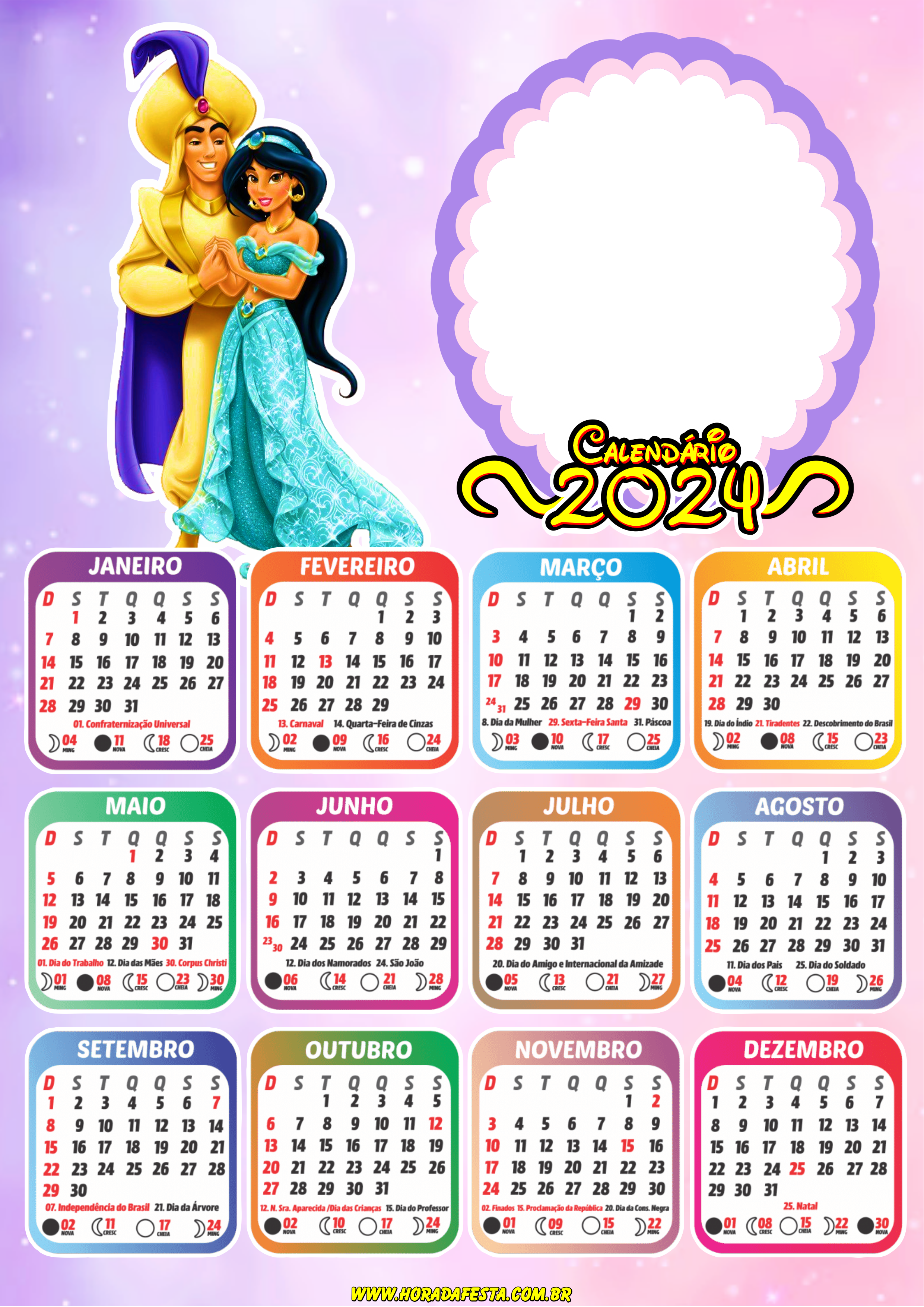 Calendário 2024 princesas Disney personalizado com foto Jasmine e Aladdin png