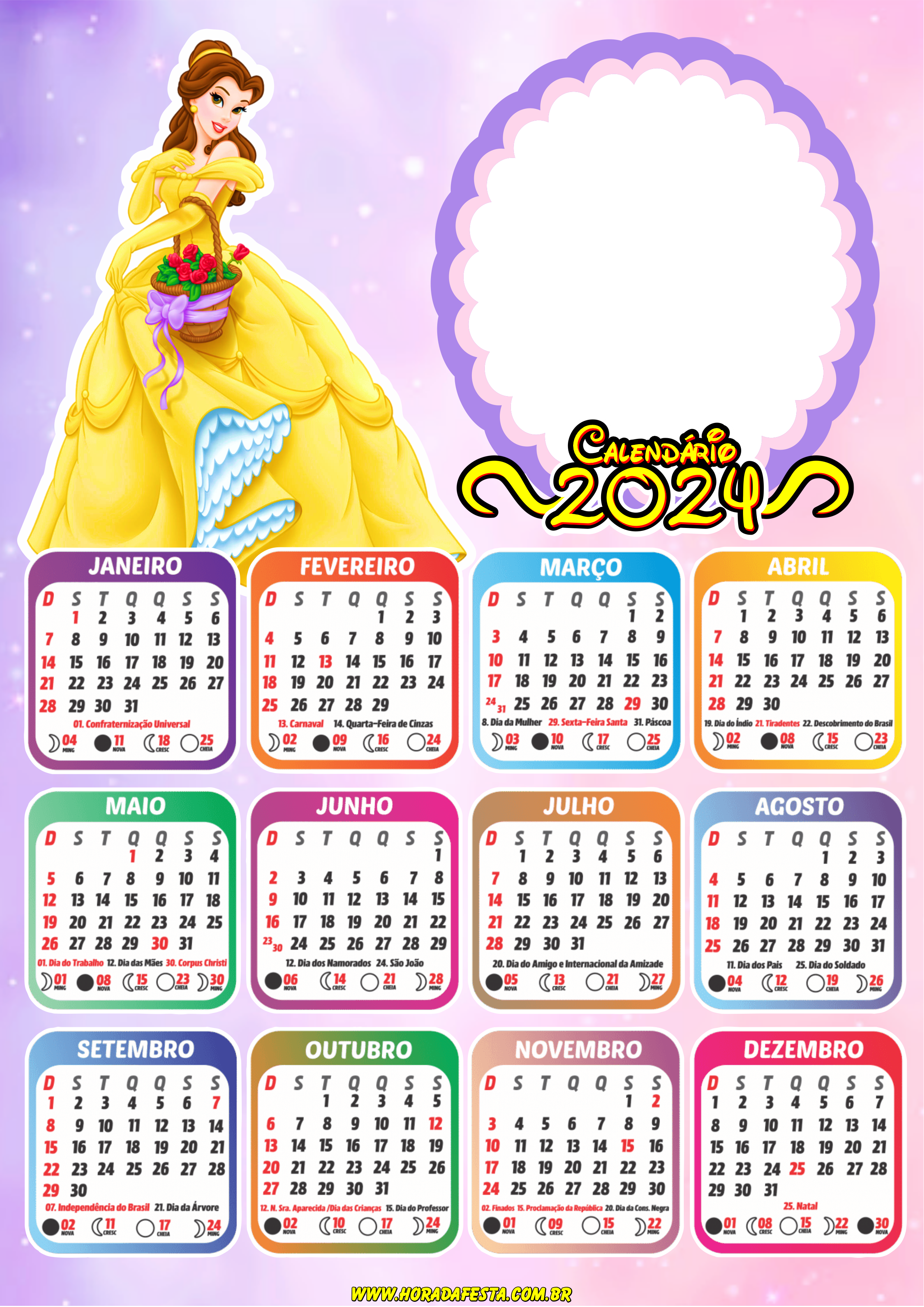 Calendário 2024 princesas Disney personalizado com foto princesa Bella png