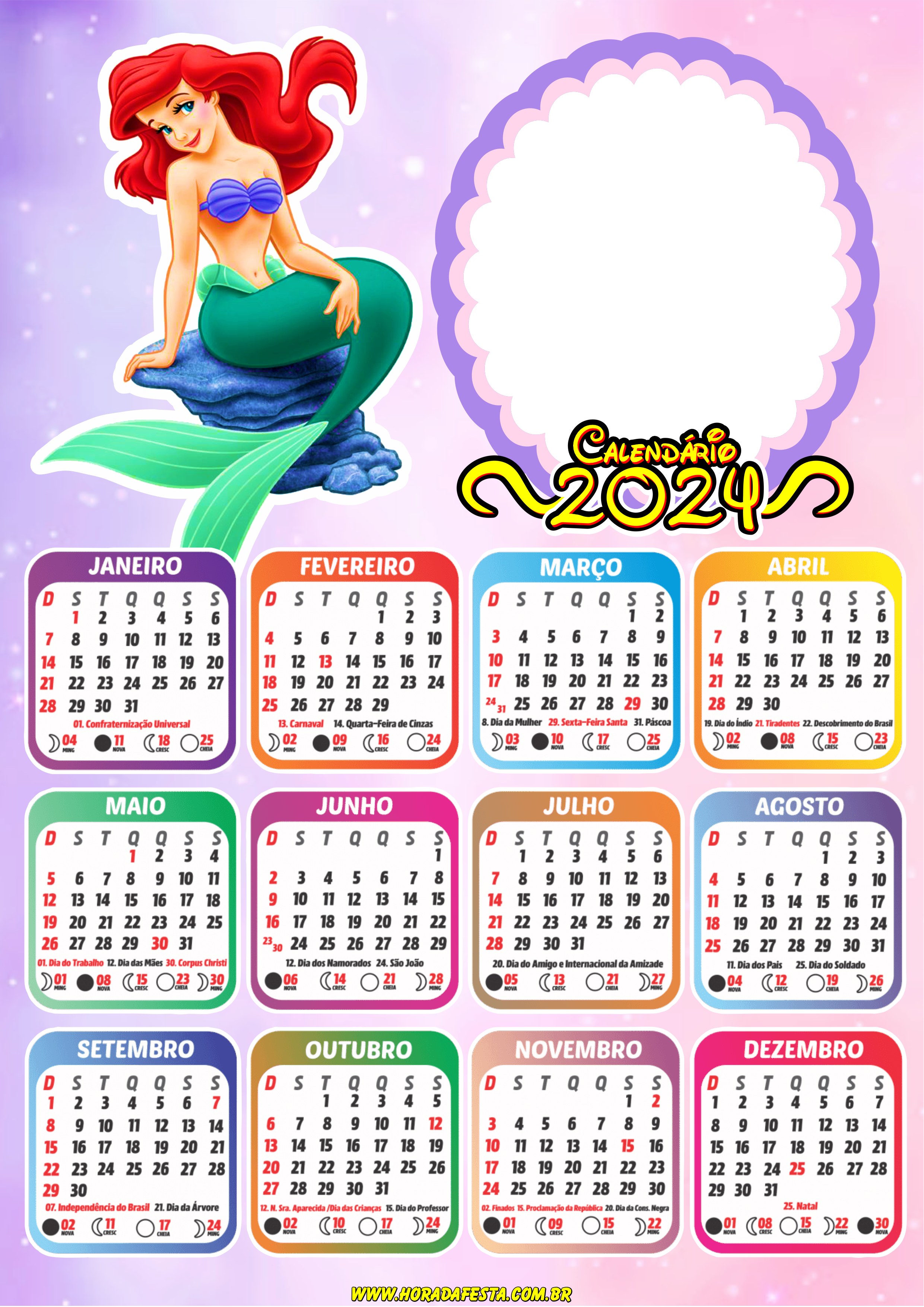 Calendário 2024 princesas Disney personalizado com foto Ariel a pequena sereia png