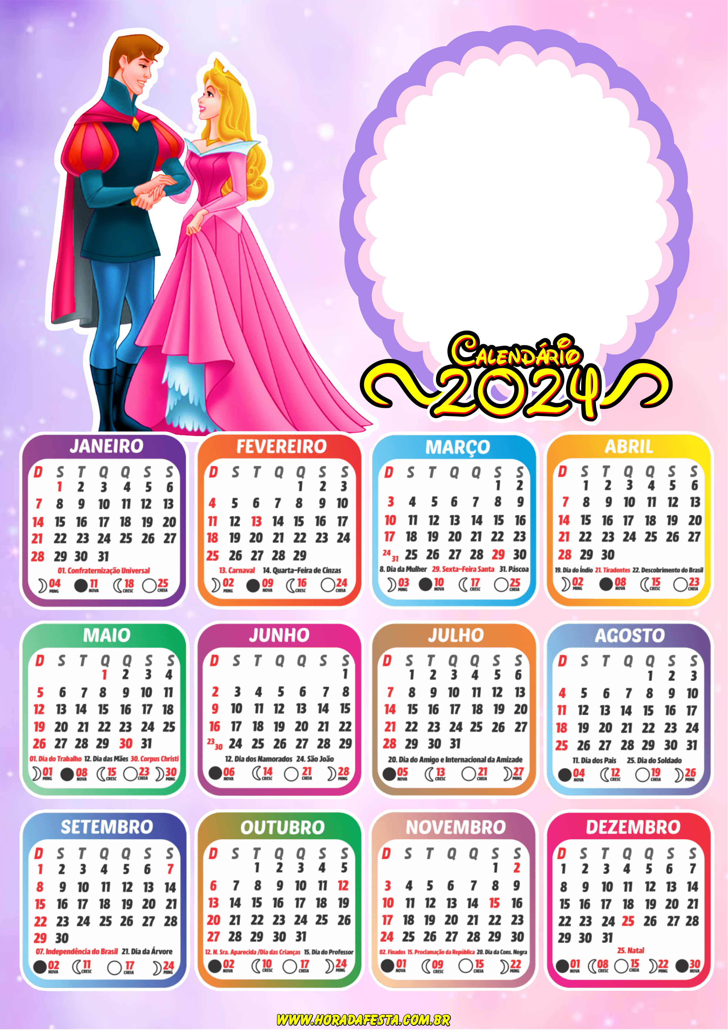 Calendário 2024 princesas Disney personalizado com foto princesa Aurora png