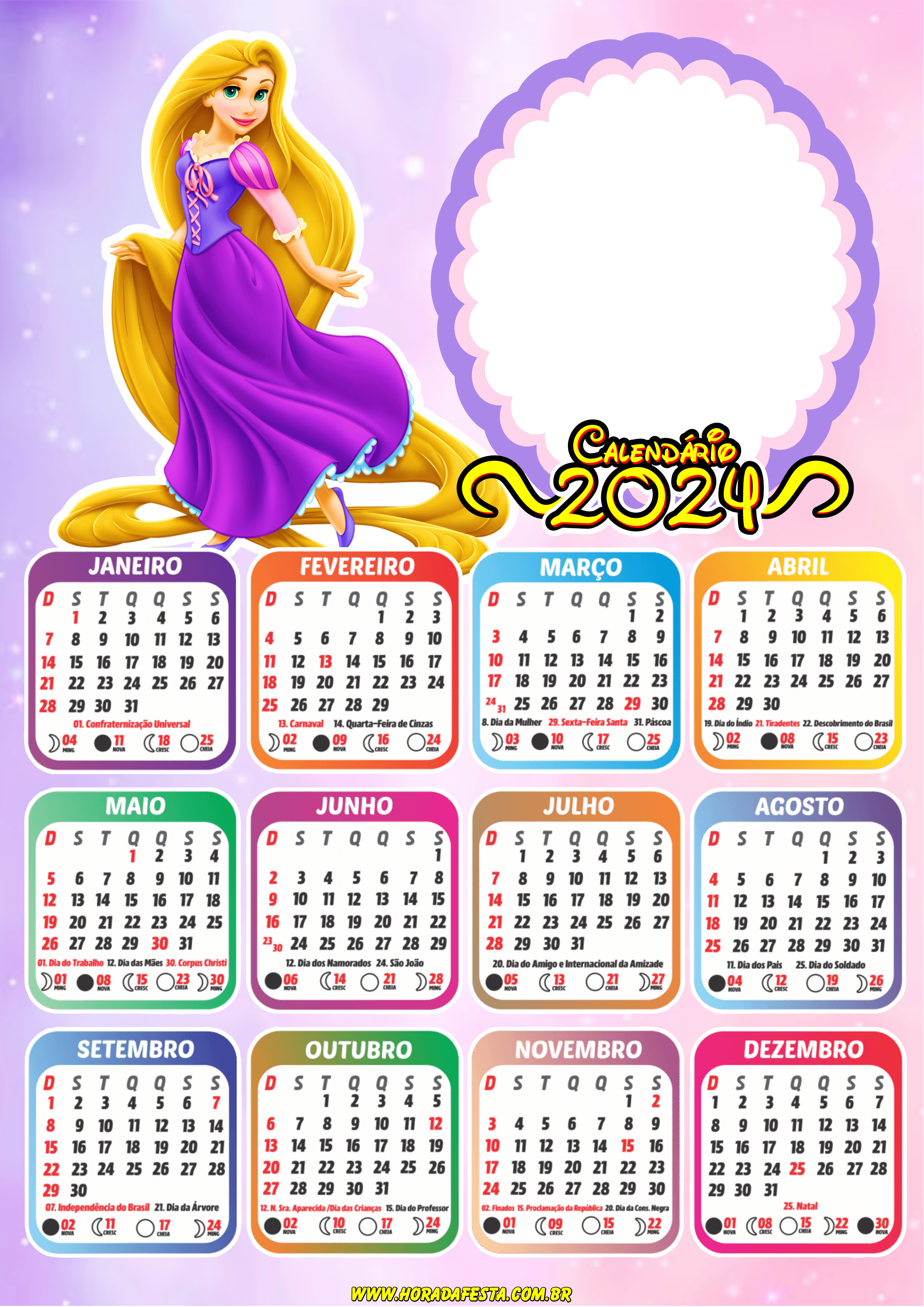 Calendário 2024 princesas Disney personalizado com foto princesa Rapunzel png