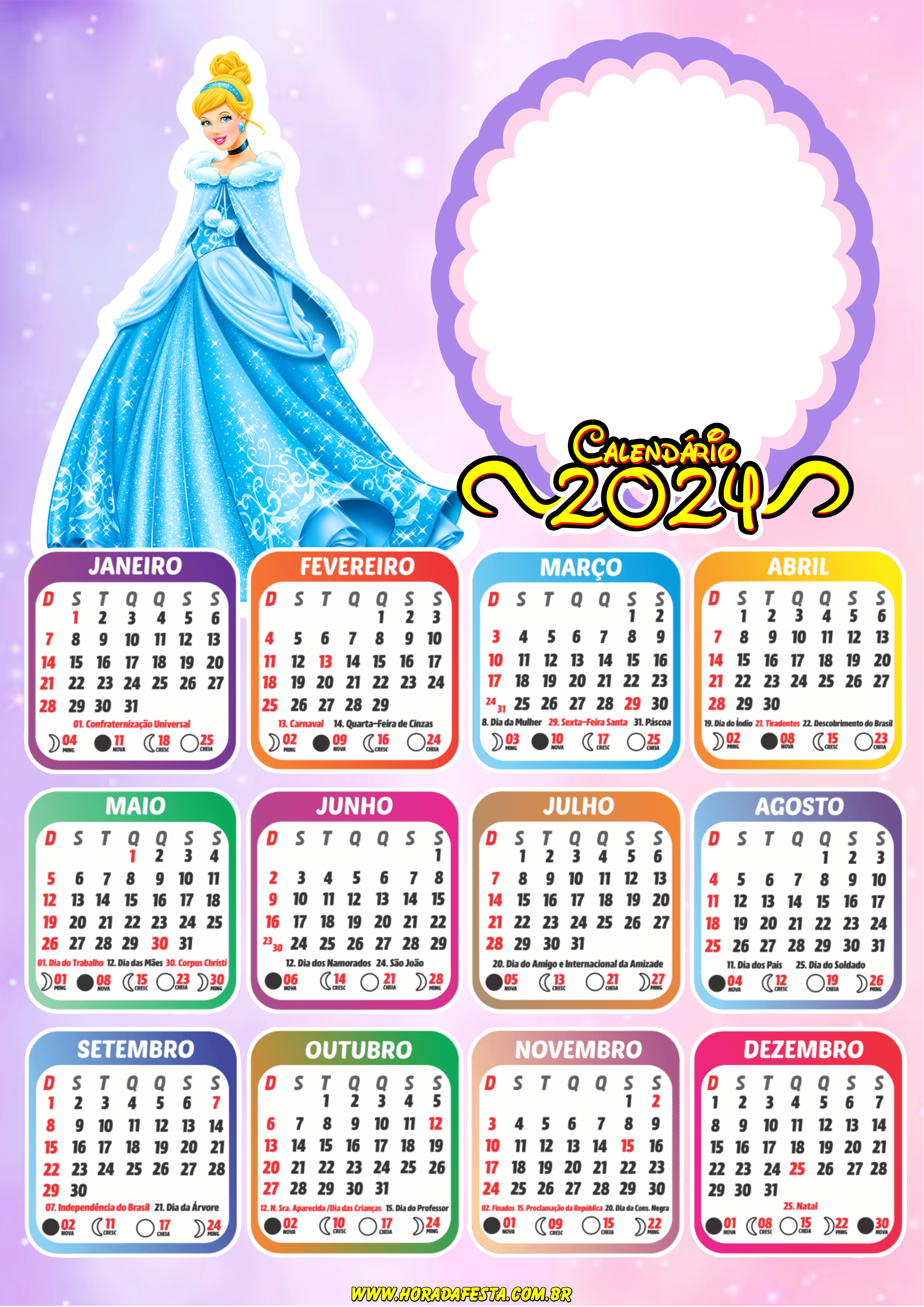Calendário 2024 princesas Disney personalizado com foto princesa Cinderela png