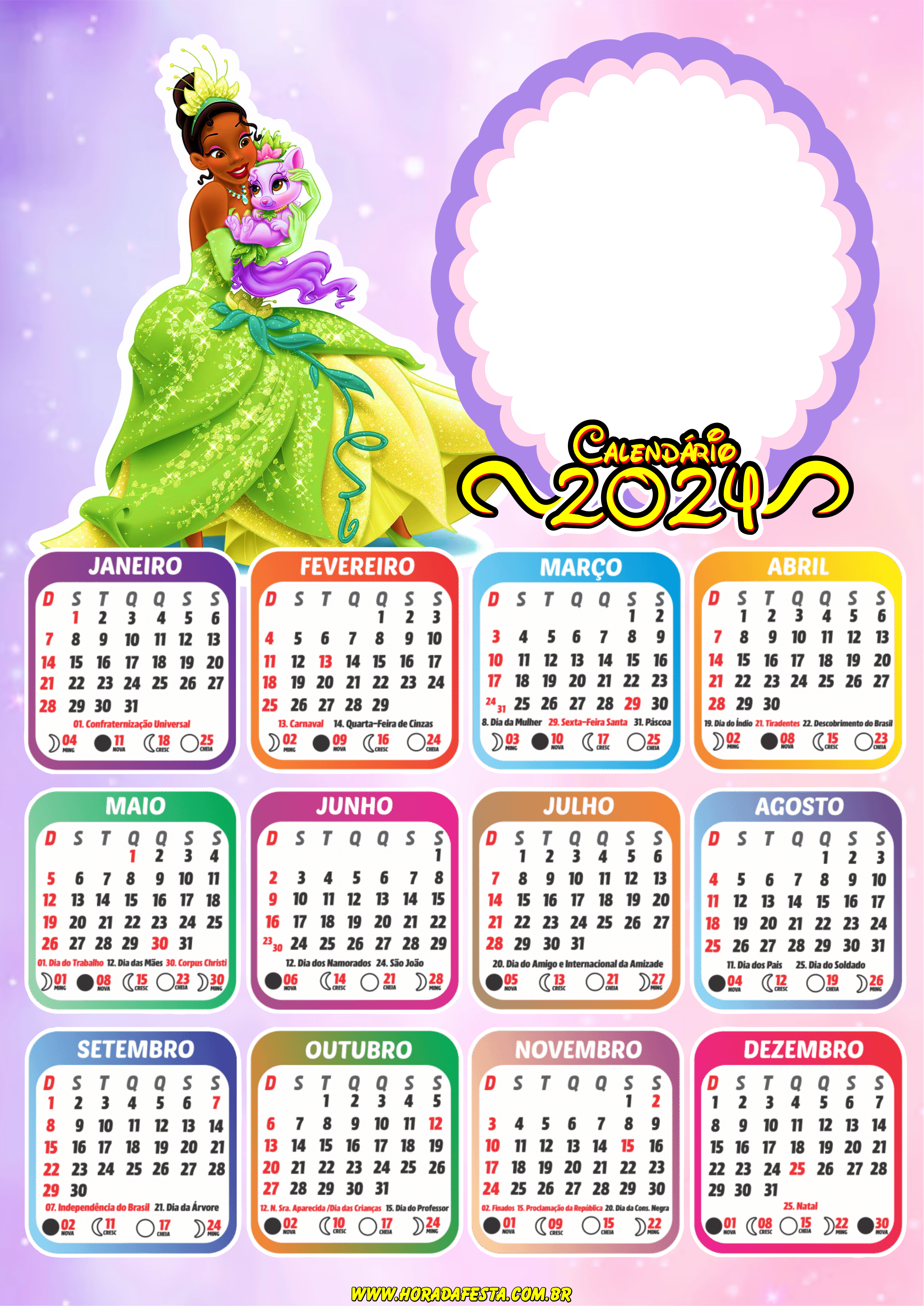 Calendário 2024 princesas Disney personalizado com foto princesa Diana png