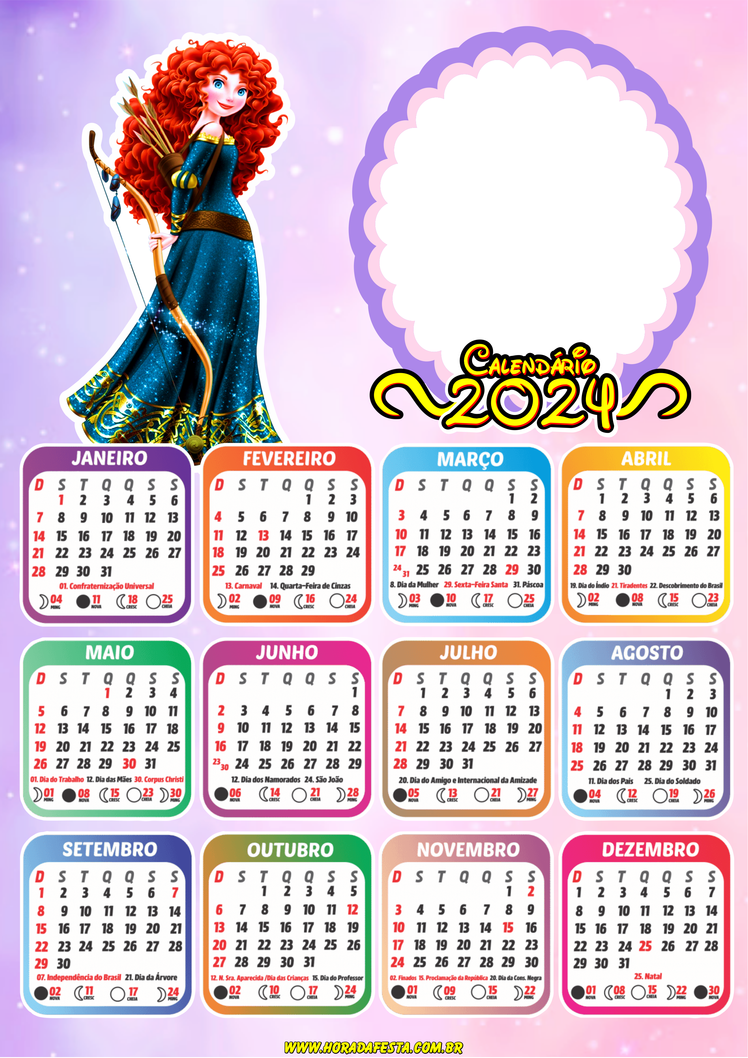 Calendário 2024 princesas Disney personalizado com foto princesa Mérida png