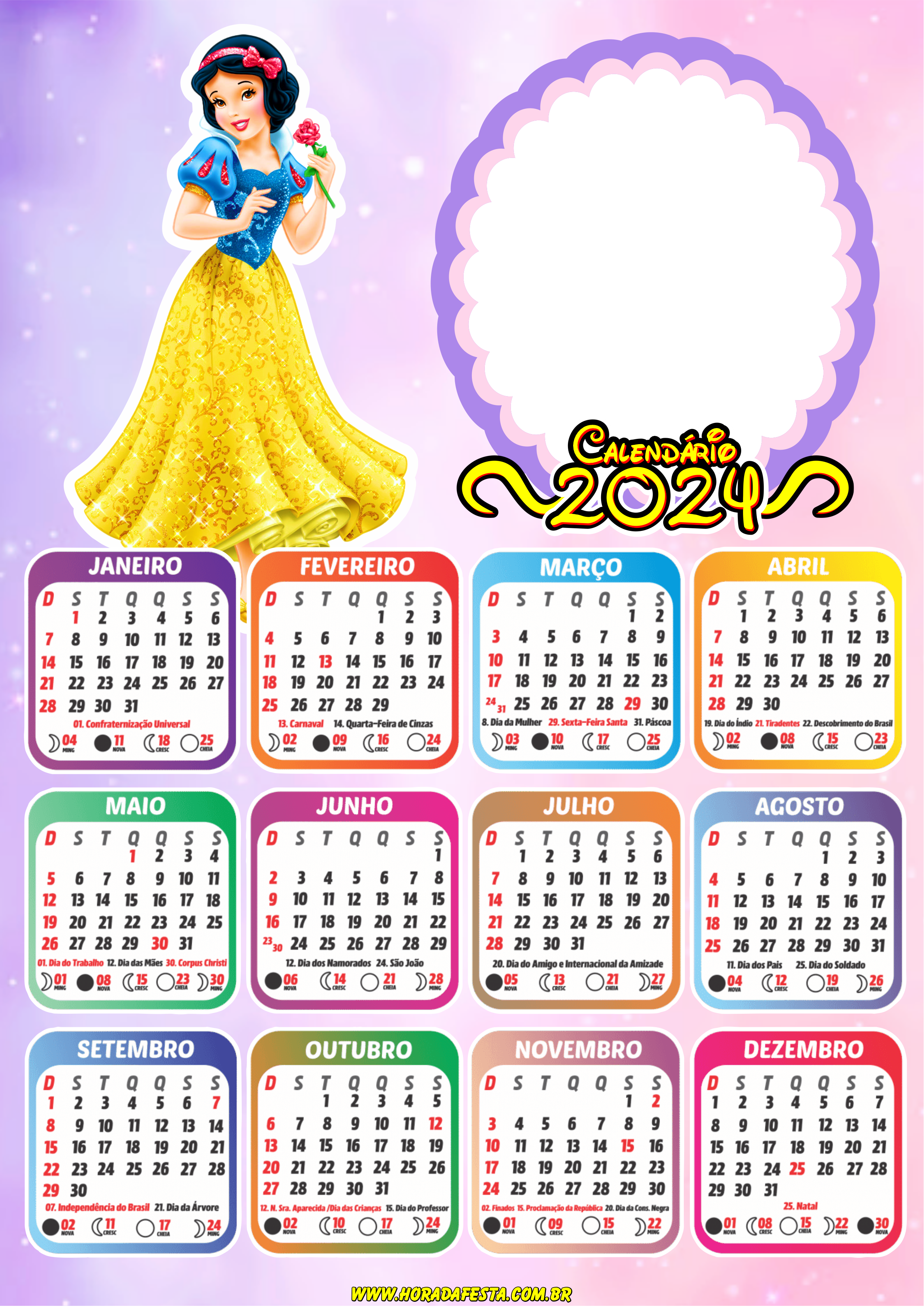 Calendário 2024 princesas Disney personalizado com foto princesa Branca de neve png