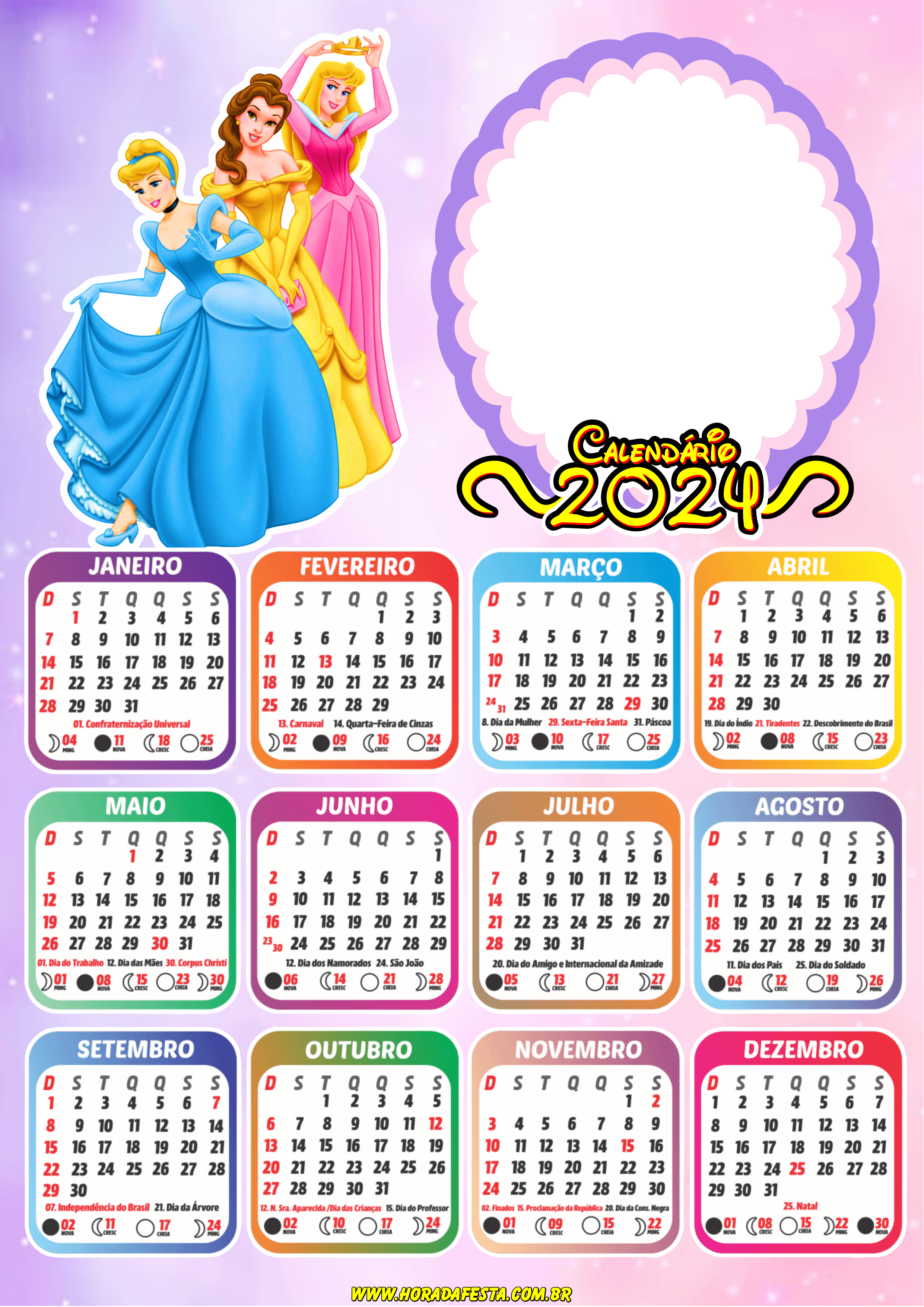 Calendário 2024 princesas Disney personalizado com foto desenho infantil png
