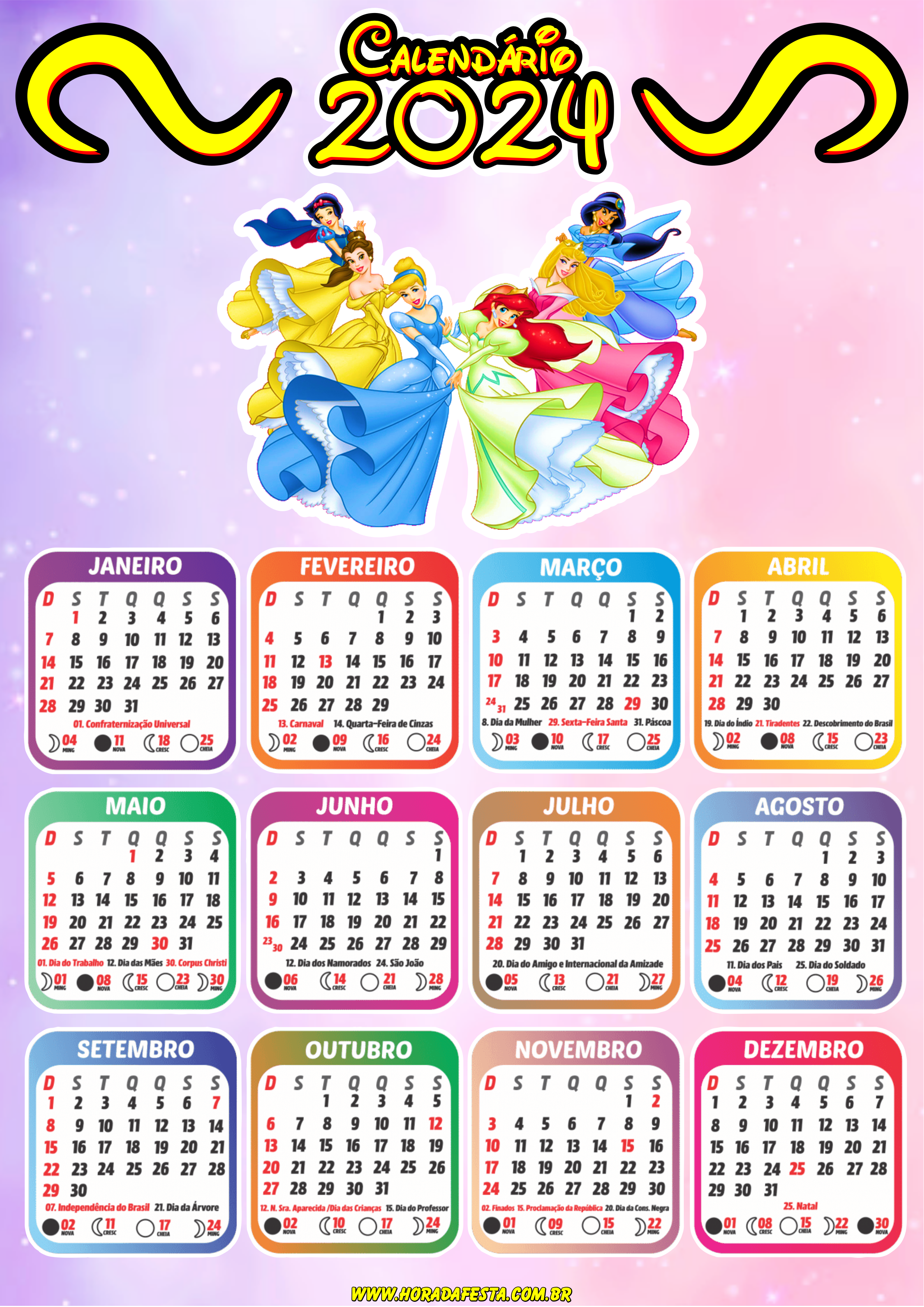 Calendário 2024 princesas Disney personalizado pronto para imprimir png