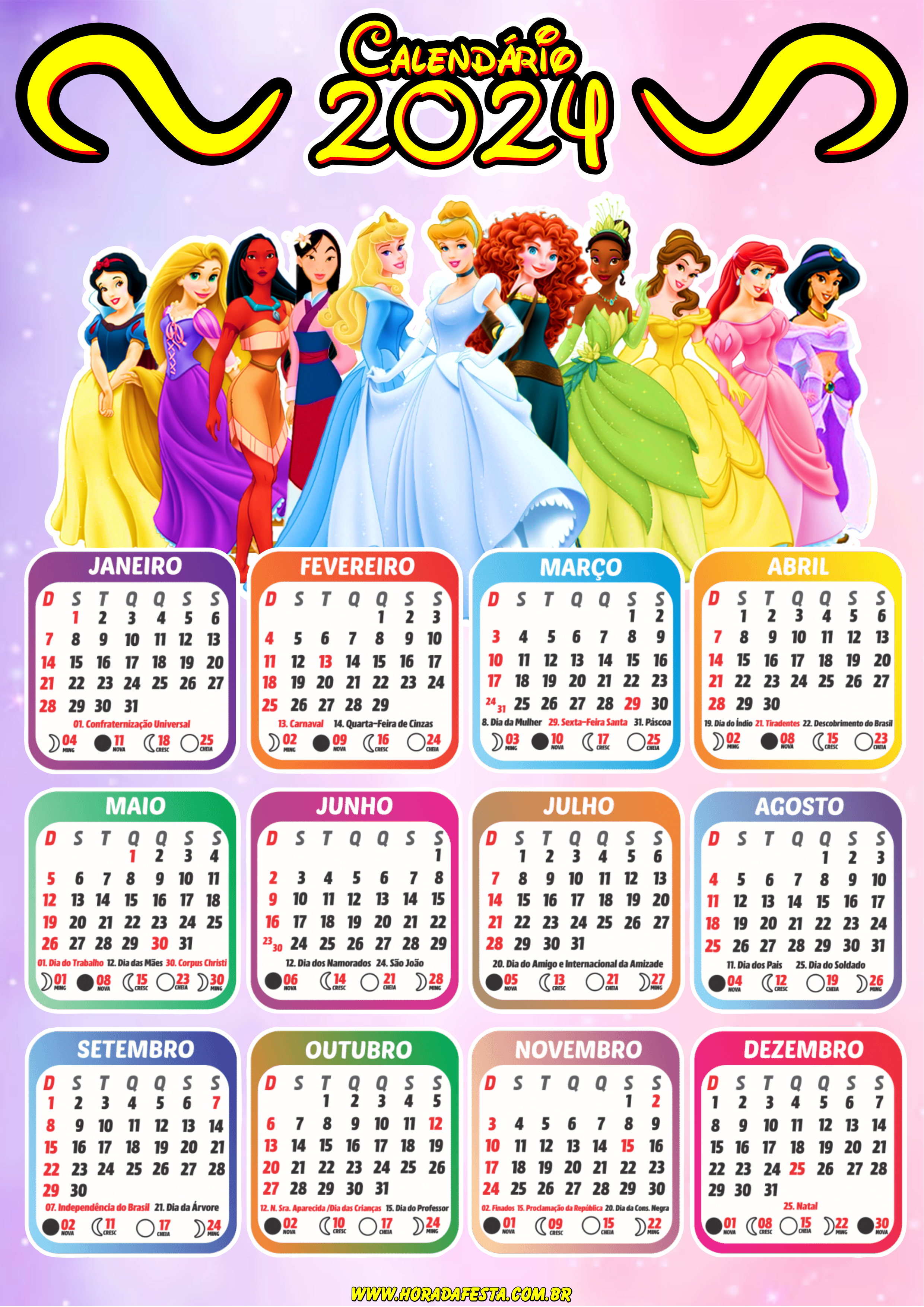 Calendário 2024 princesas Disney personalizado pronto para imprimir desenho infantil png