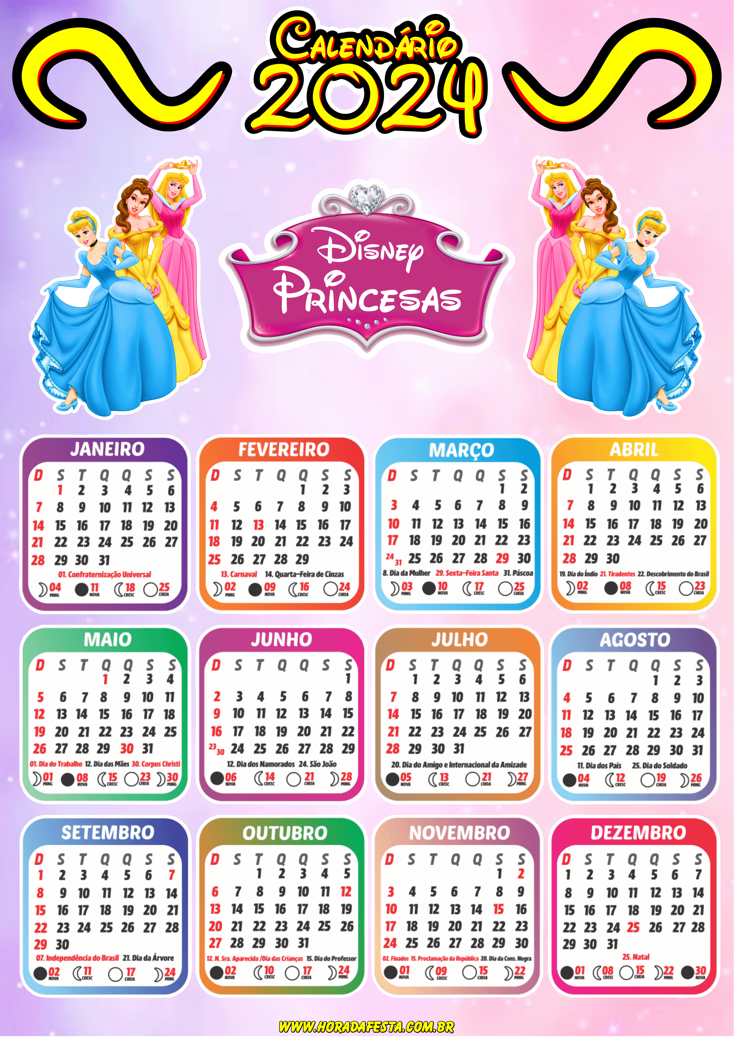 Calendário 2024 princesas Disney personalizado pronto para imprimir desenho infantil artes gráficas png