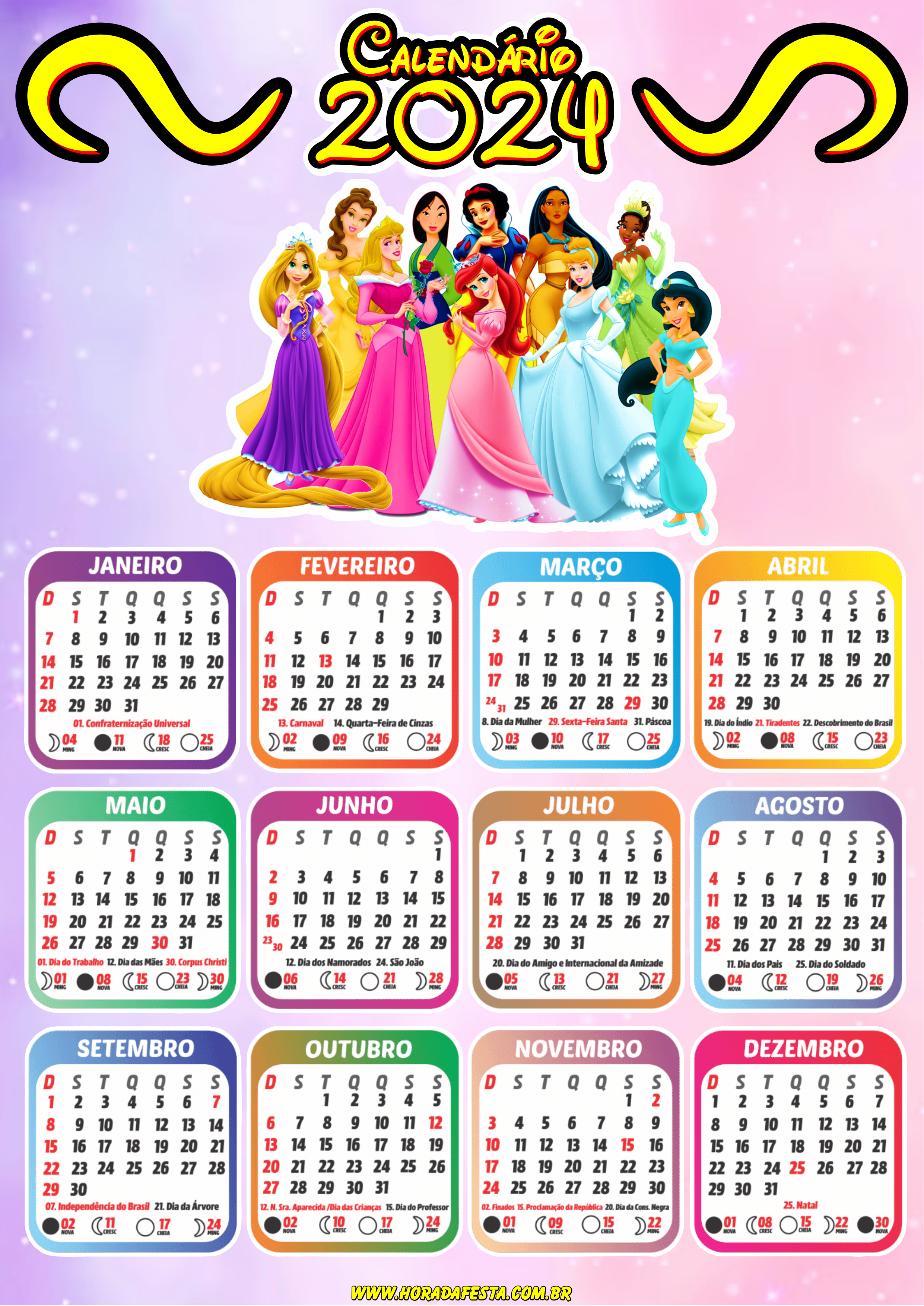 Calendário 2024 princesas Disney personalizado pronto para imprimir desenho infantil artes gráficas design png