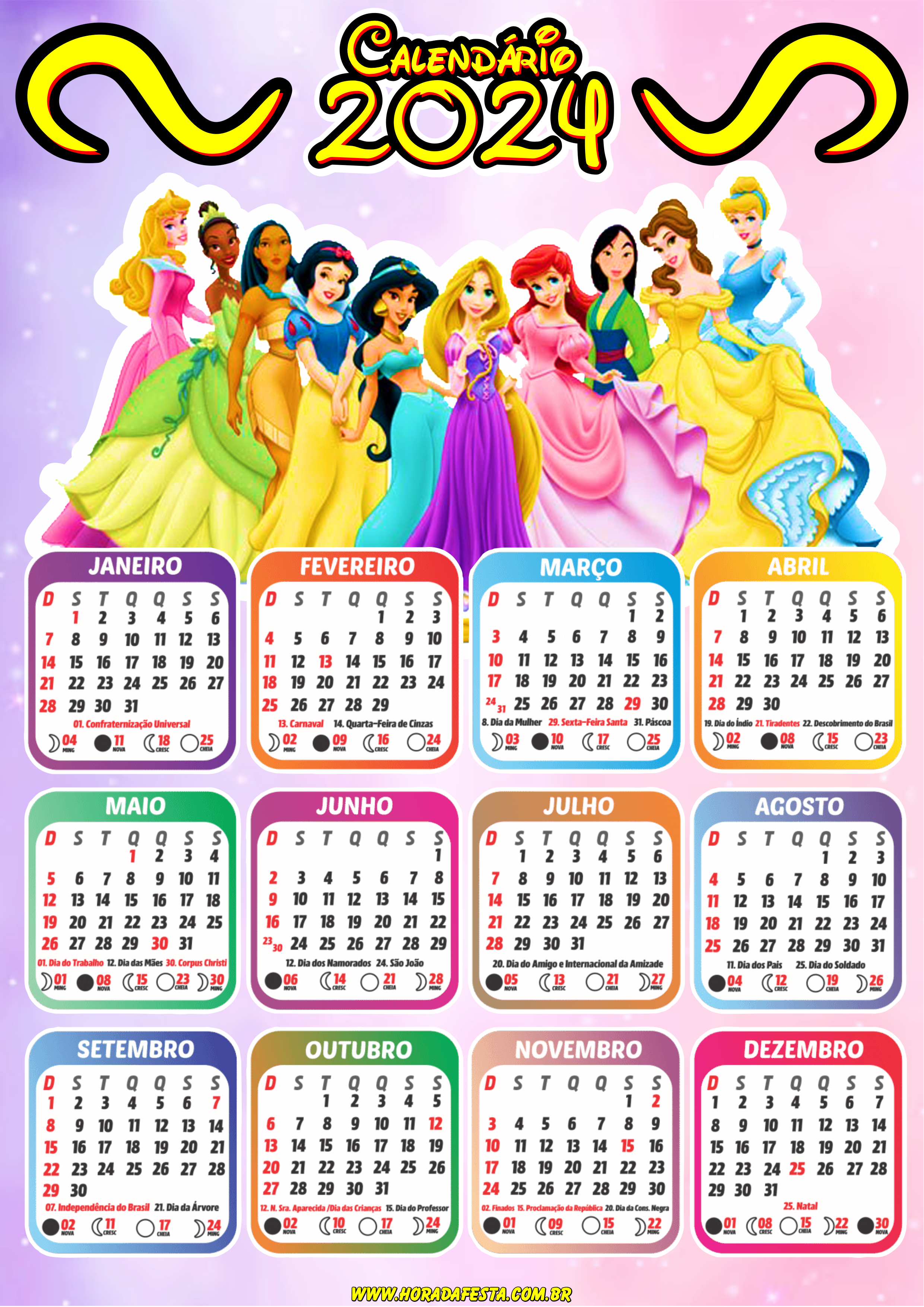 Calendário 2024 princesas Disney personalizado pronto para imprimir desenho infantil artes gráficas free design png
