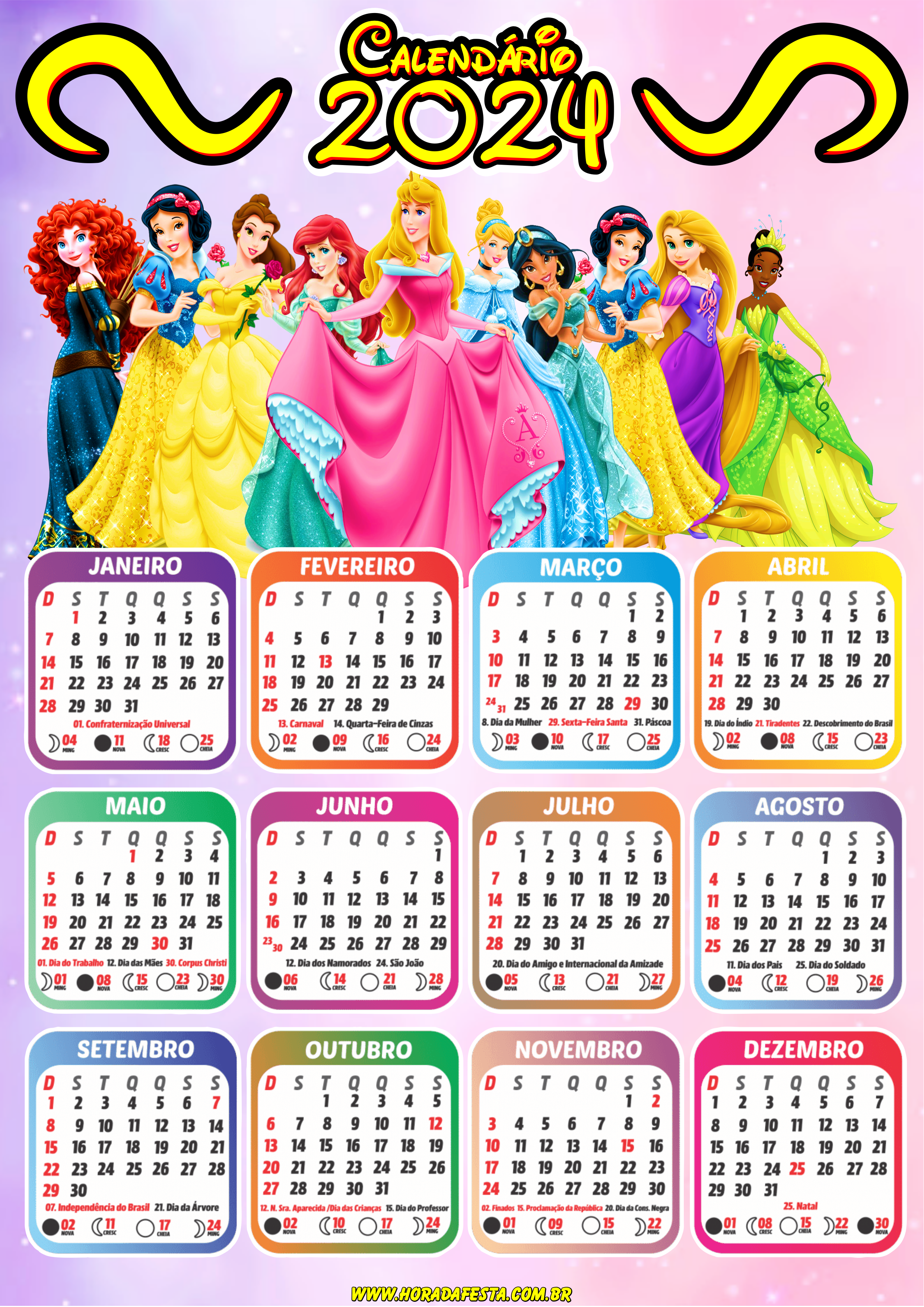 Calendário 2024 princesas Disney personalizado pronto para imprimir desenho infantil artes gráficas papelaria png