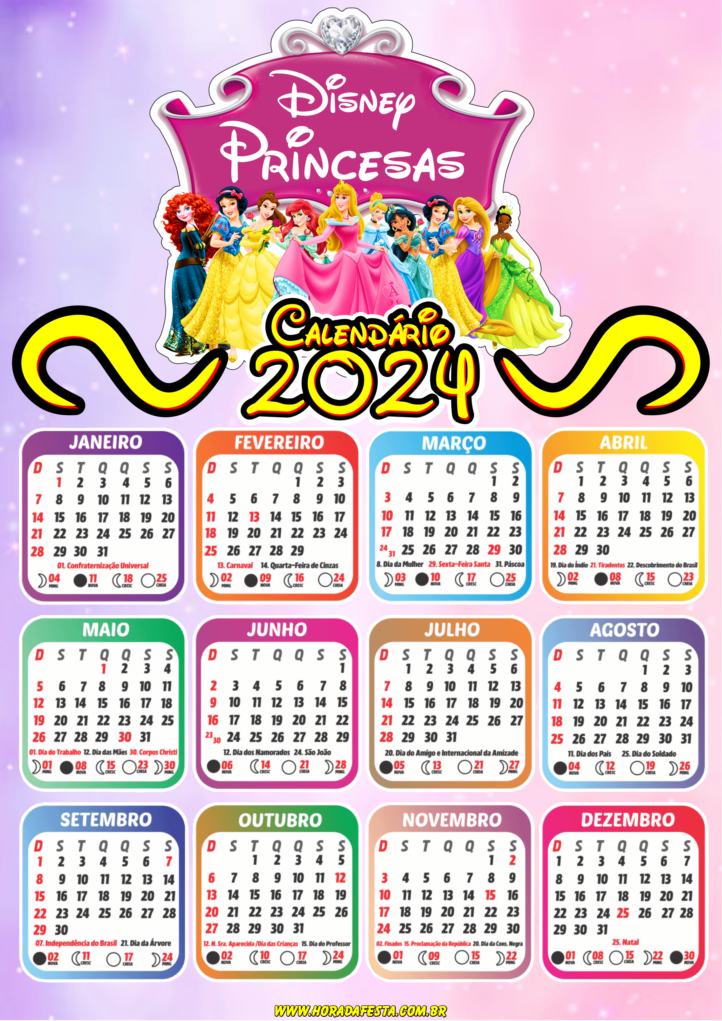 Calendário 2024 princesas Disney personalizado pronto para imprimir desenho infantil artes gráficas papelaria criativa png