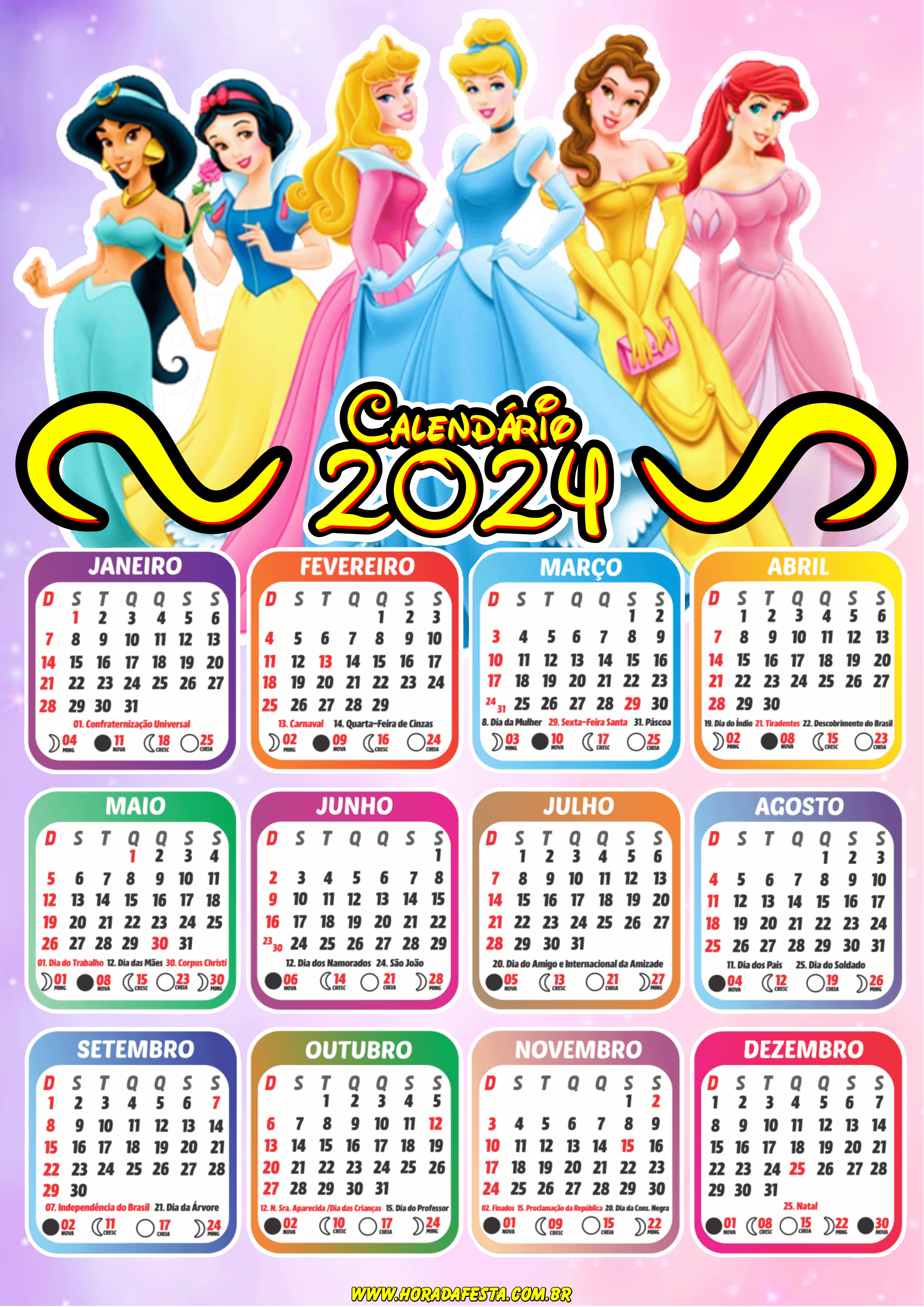 Calendário 2024 princesas Disney personalizado pronto para imprimir desenho infantil artes gráficas papelaria criativa renda extra png