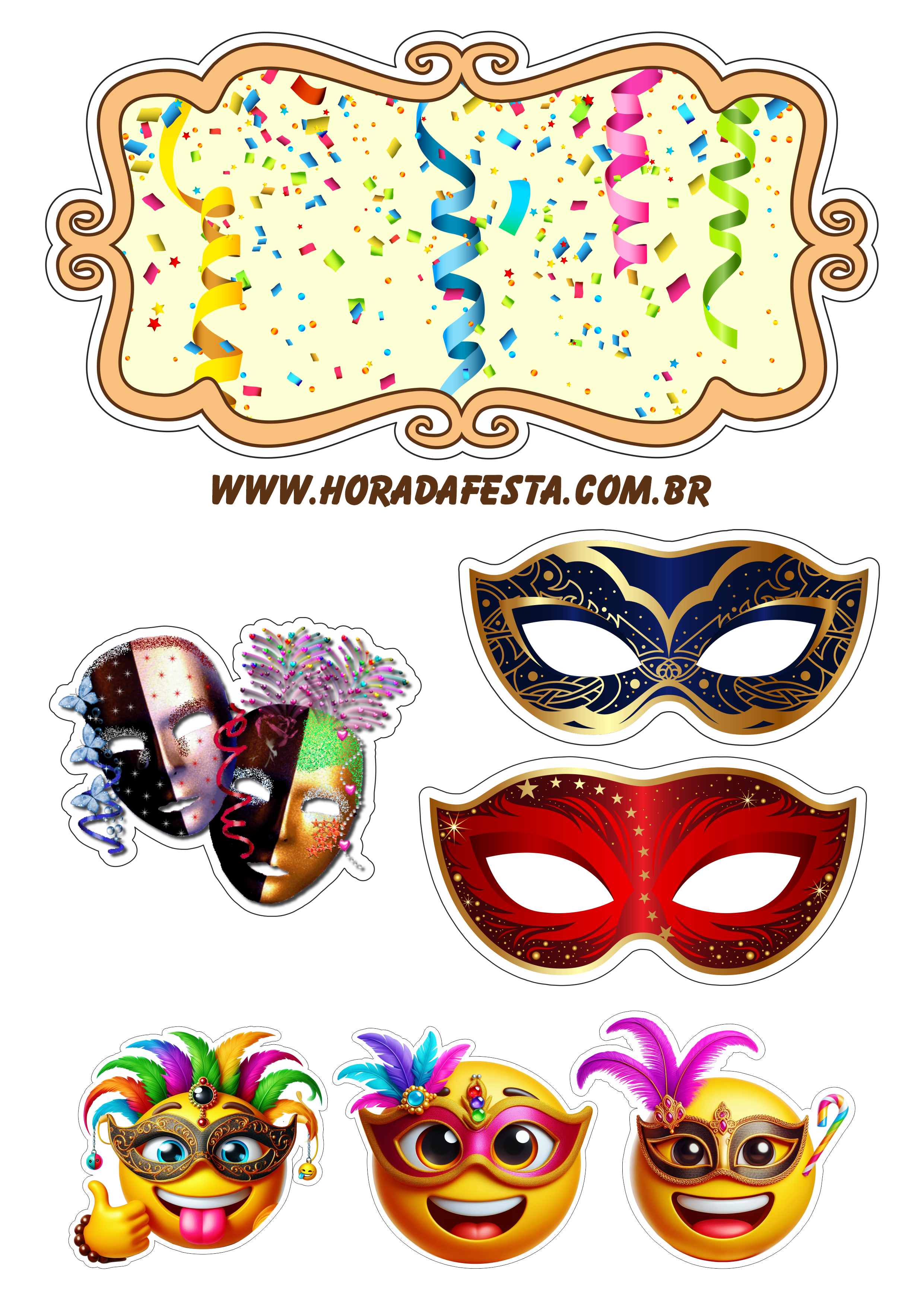 Carnaval 2024 emojis divertidos topo de bolo baile de máscaras renda extra design grátis free png