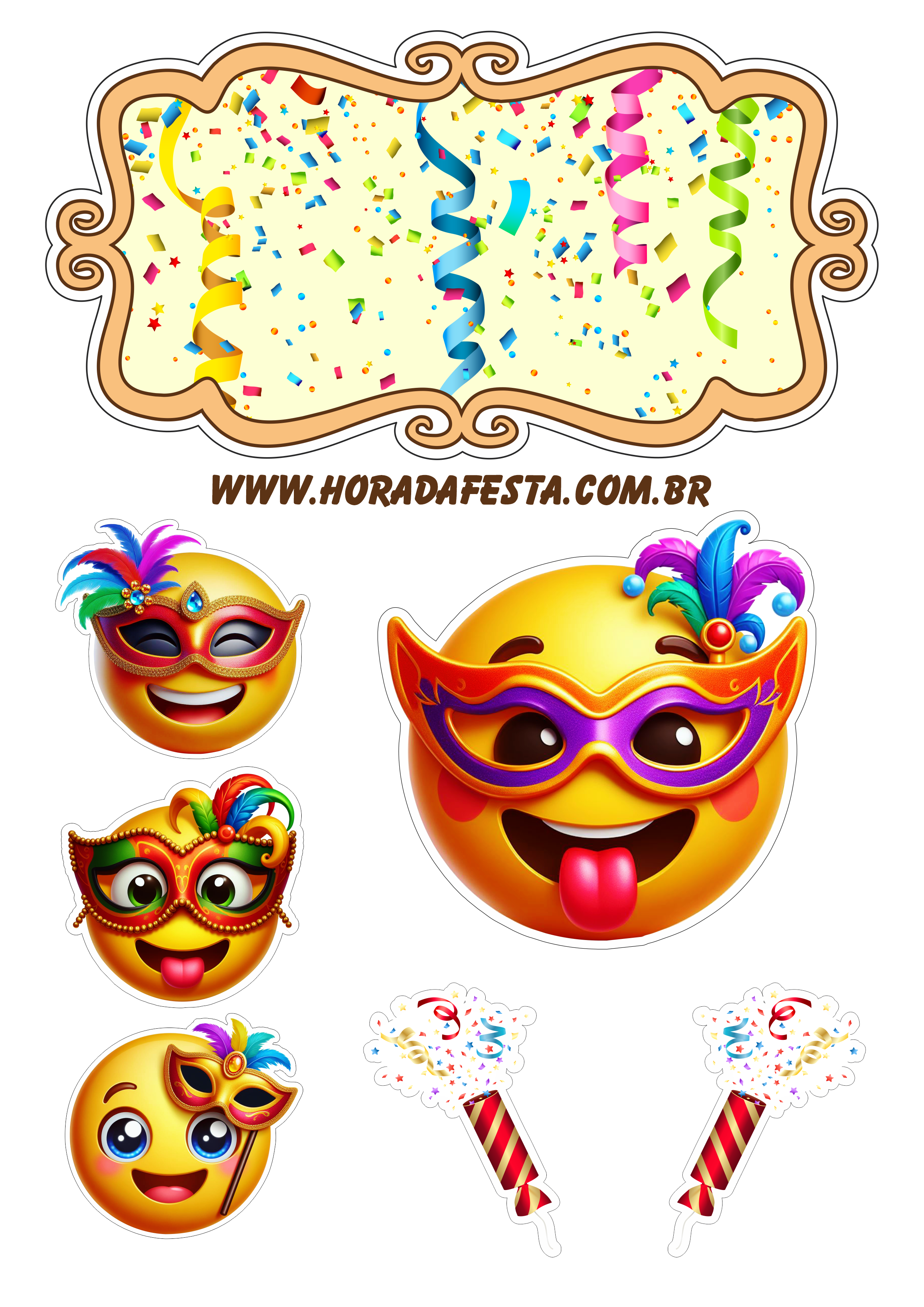 Carnaval 2024 emojis divertidos topo de bolo baile de máscaras artes gráficas para imprimir png