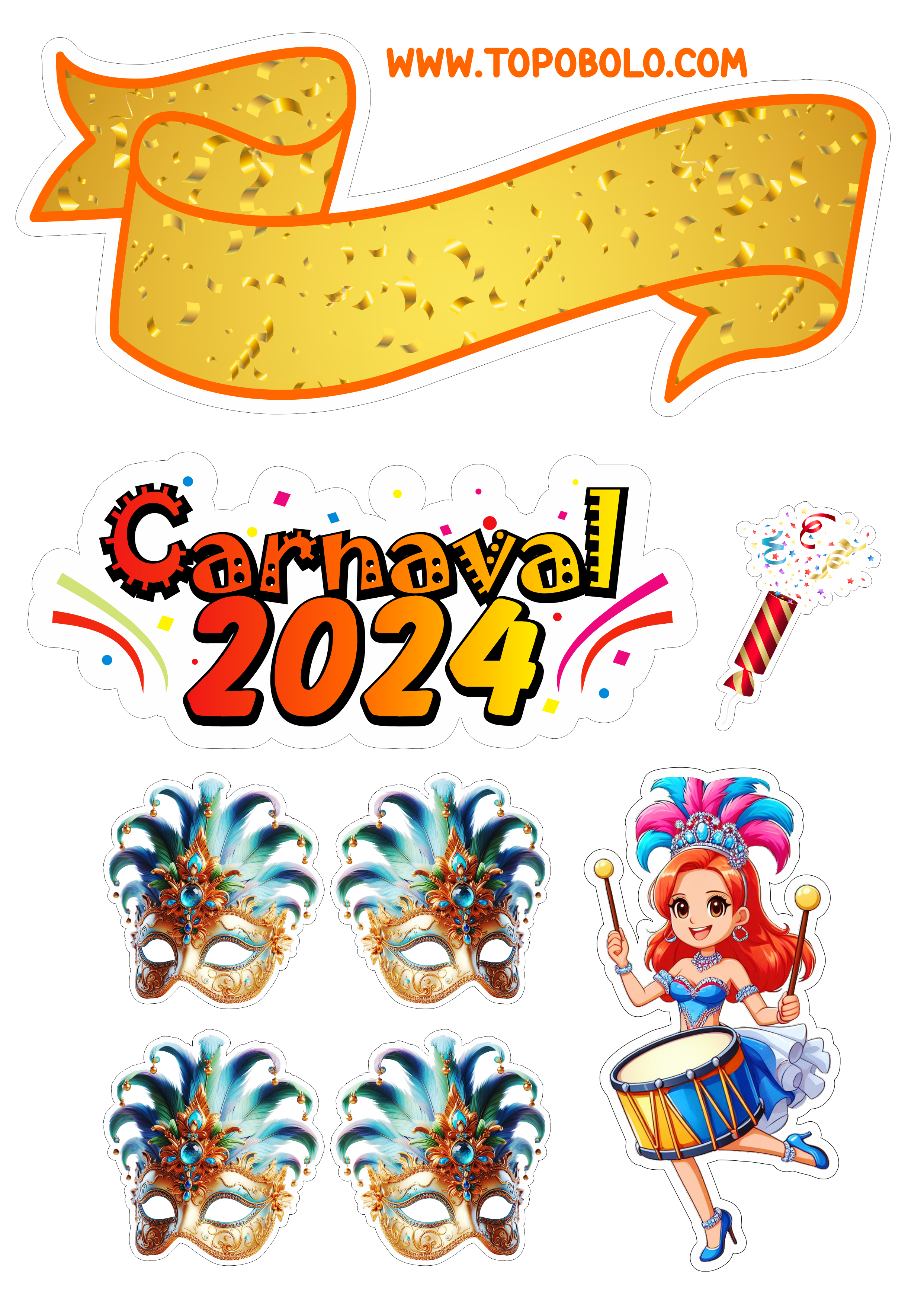 Topo de bolo carnaval 2024 decoração de aniversário baile de máscaras confete png