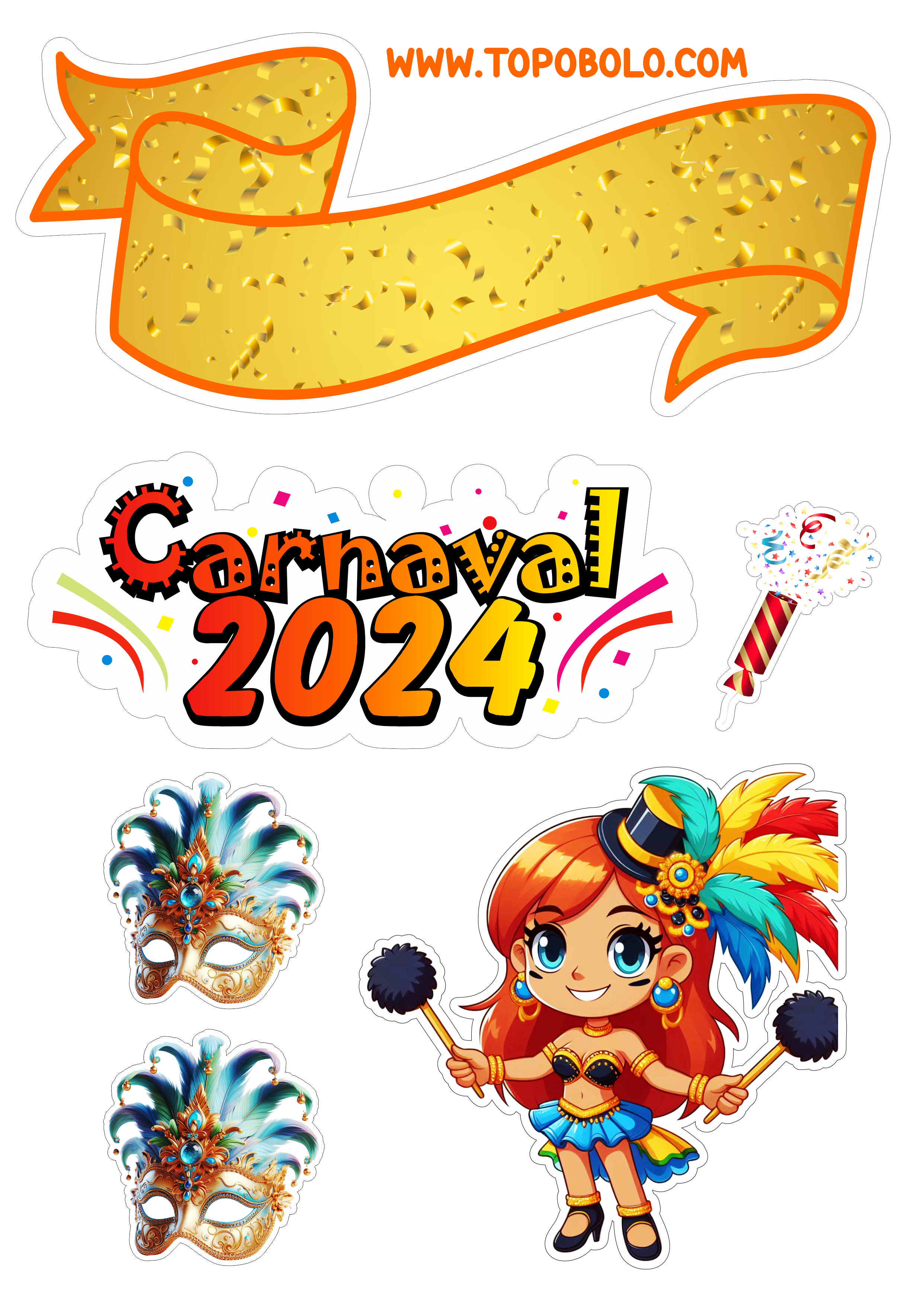 Topo de bolo carnaval 2024 decoração de aniversário baile de máscaras confete artes gráficas png