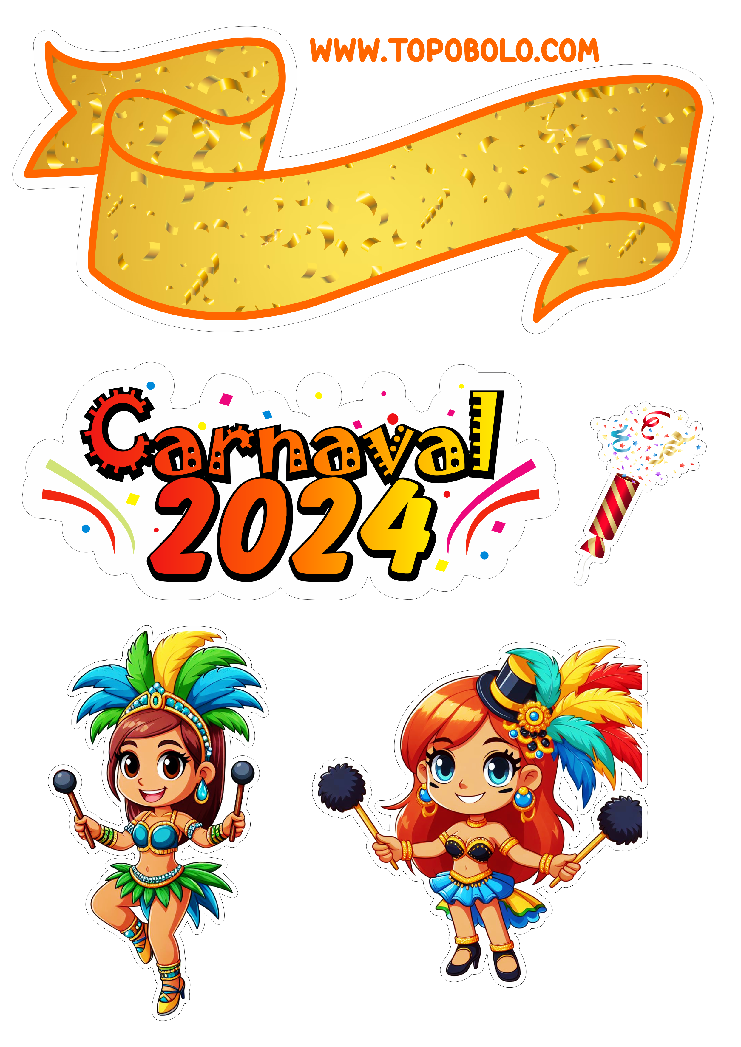 Topo de bolo carnaval 2024 decoração de aniversário baile de máscaras confete artes gráficas escola de samba png