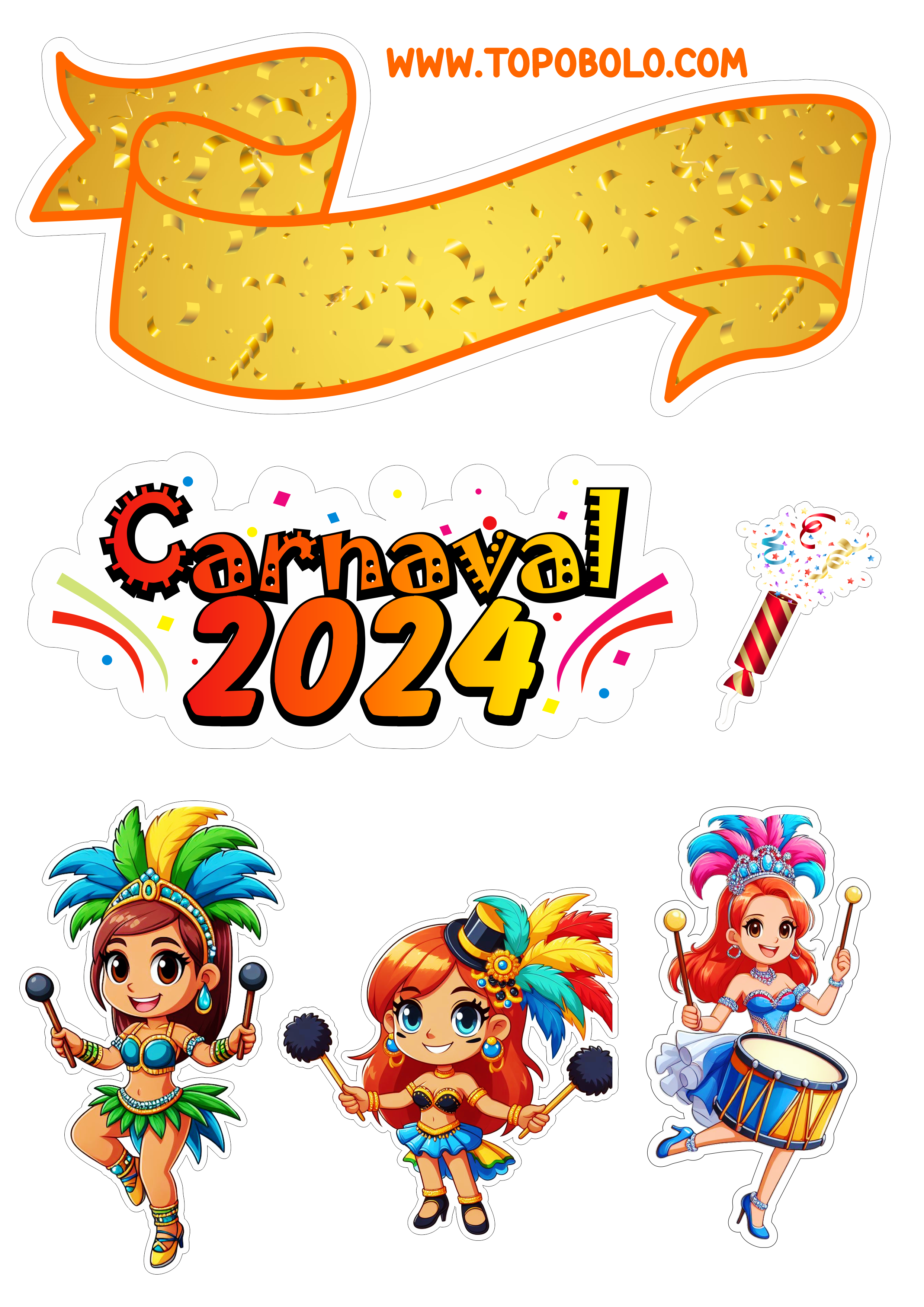 Topo de bolo carnaval 2024 decoração de aniversário baile de máscaras confete artes gráficas escola de samba design png