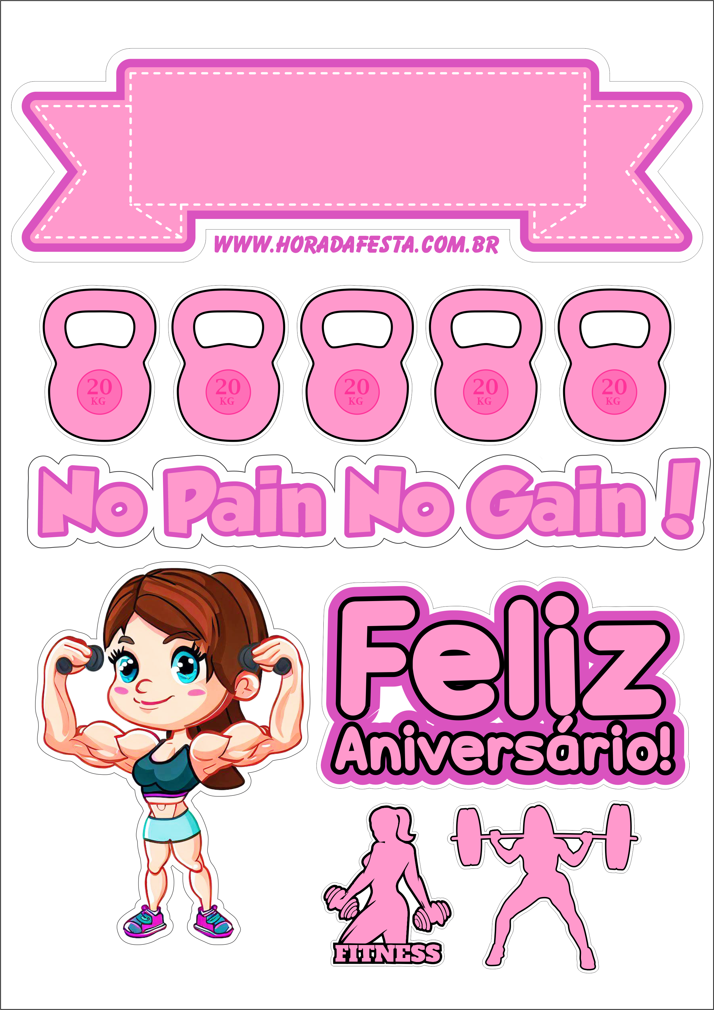 Topo de bolo de aniversário rosa mulher marombeira academia musculação decoração grátis papelaria free png
