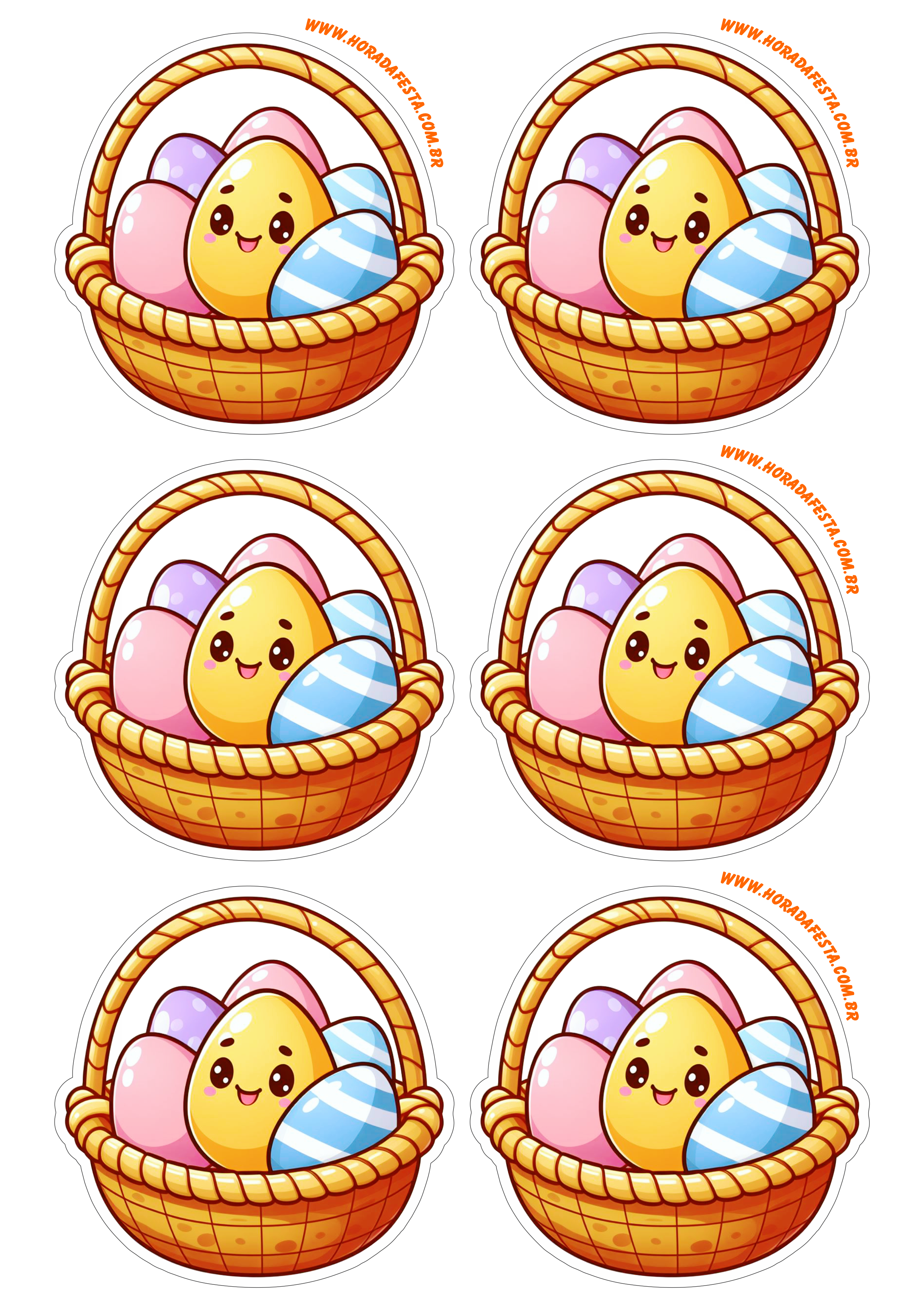 Cesta de ovos de páscoa desenho fofinho adesivo com contorno para recorte tag sticker 6 imagens png