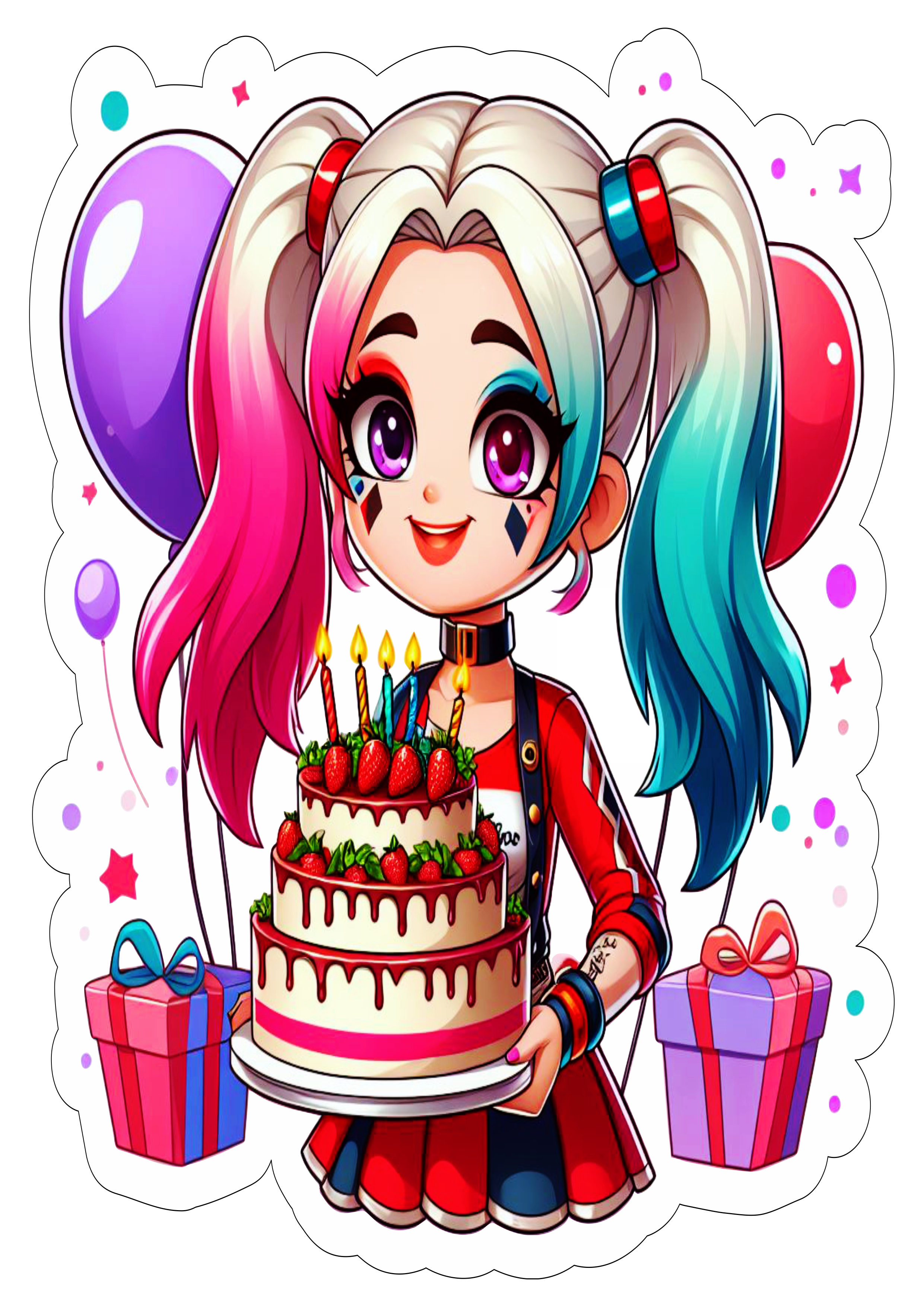 Arlequina desenho colorido balões de festa e bolo de aniversário png