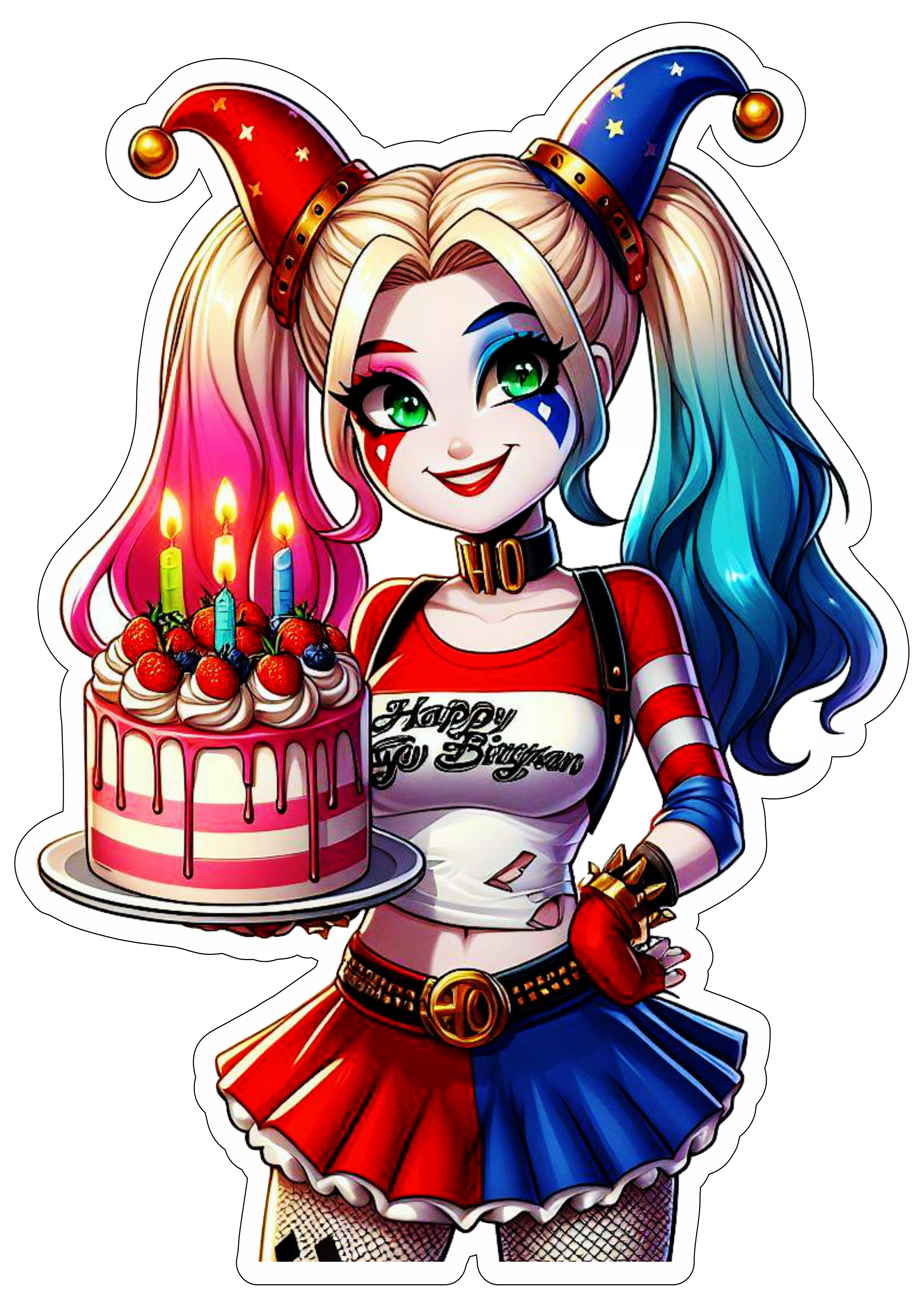 Arlequina desenho colorido balões de festa e bolo de aniversário fundo transparente png