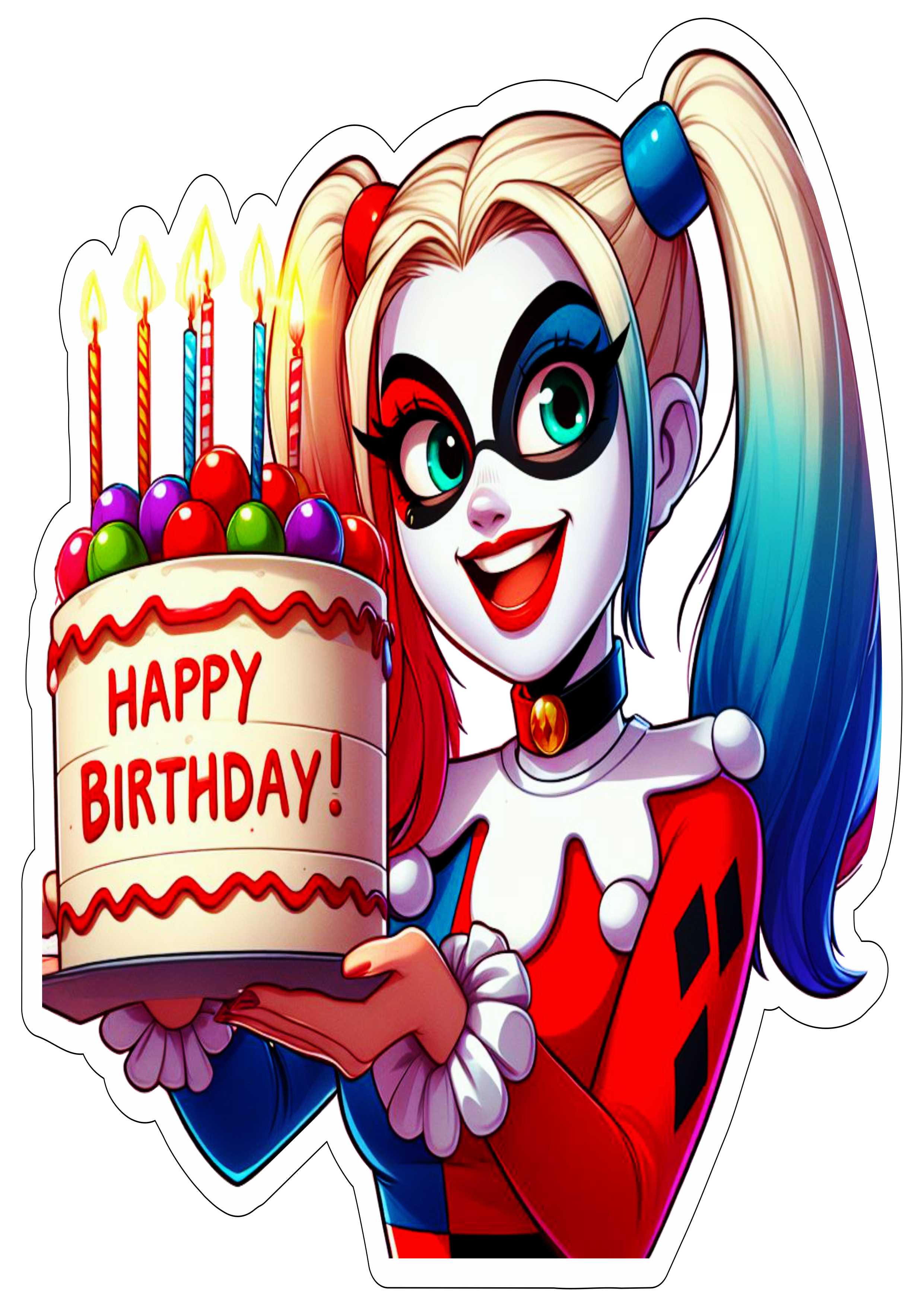 Arlequina desenho colorido balões de festa e bolo de aniversário fundo transparente happy birthday png