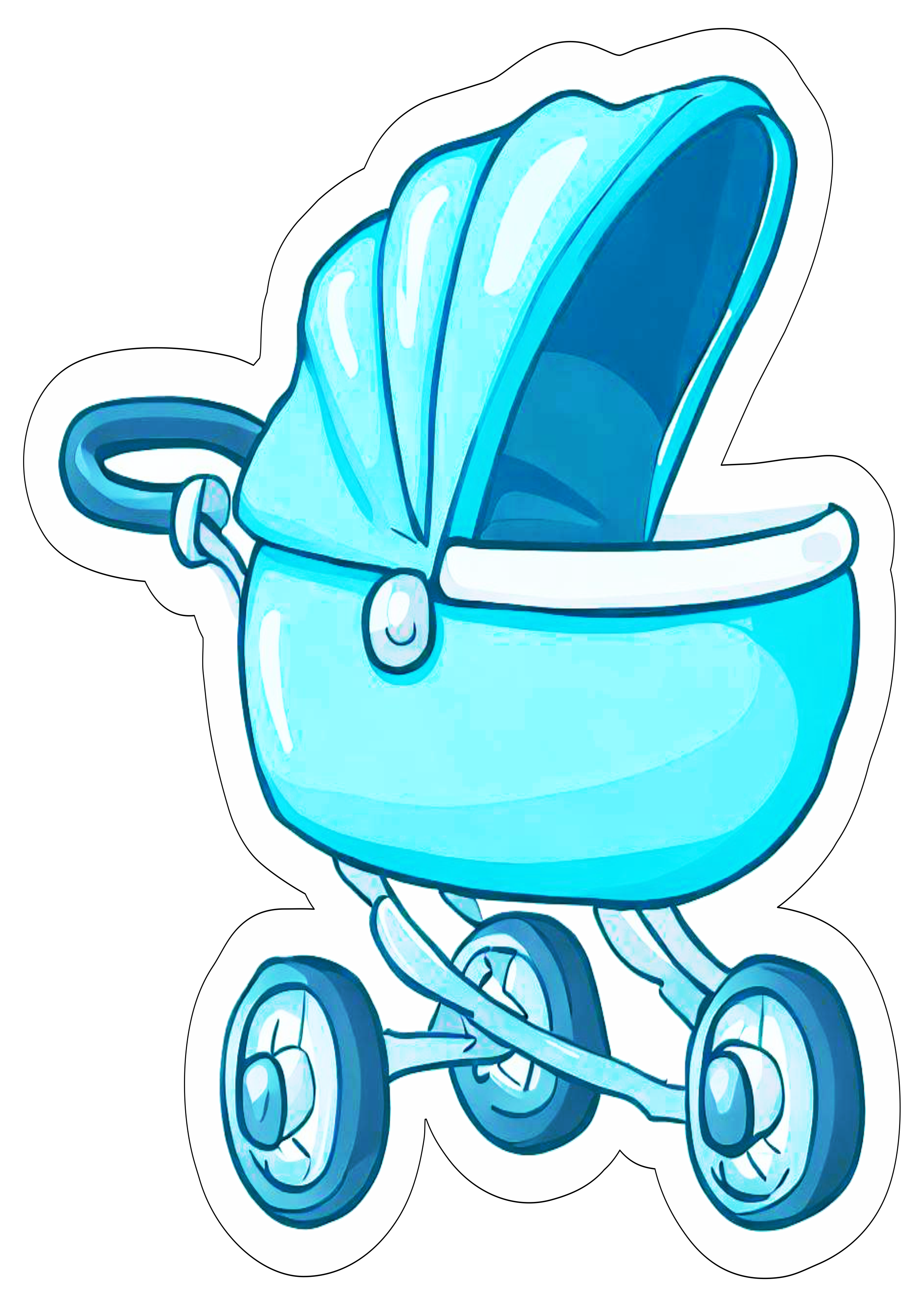 Carrinho de bebê azul desenho infantil fundo transparente com contorno clipart png