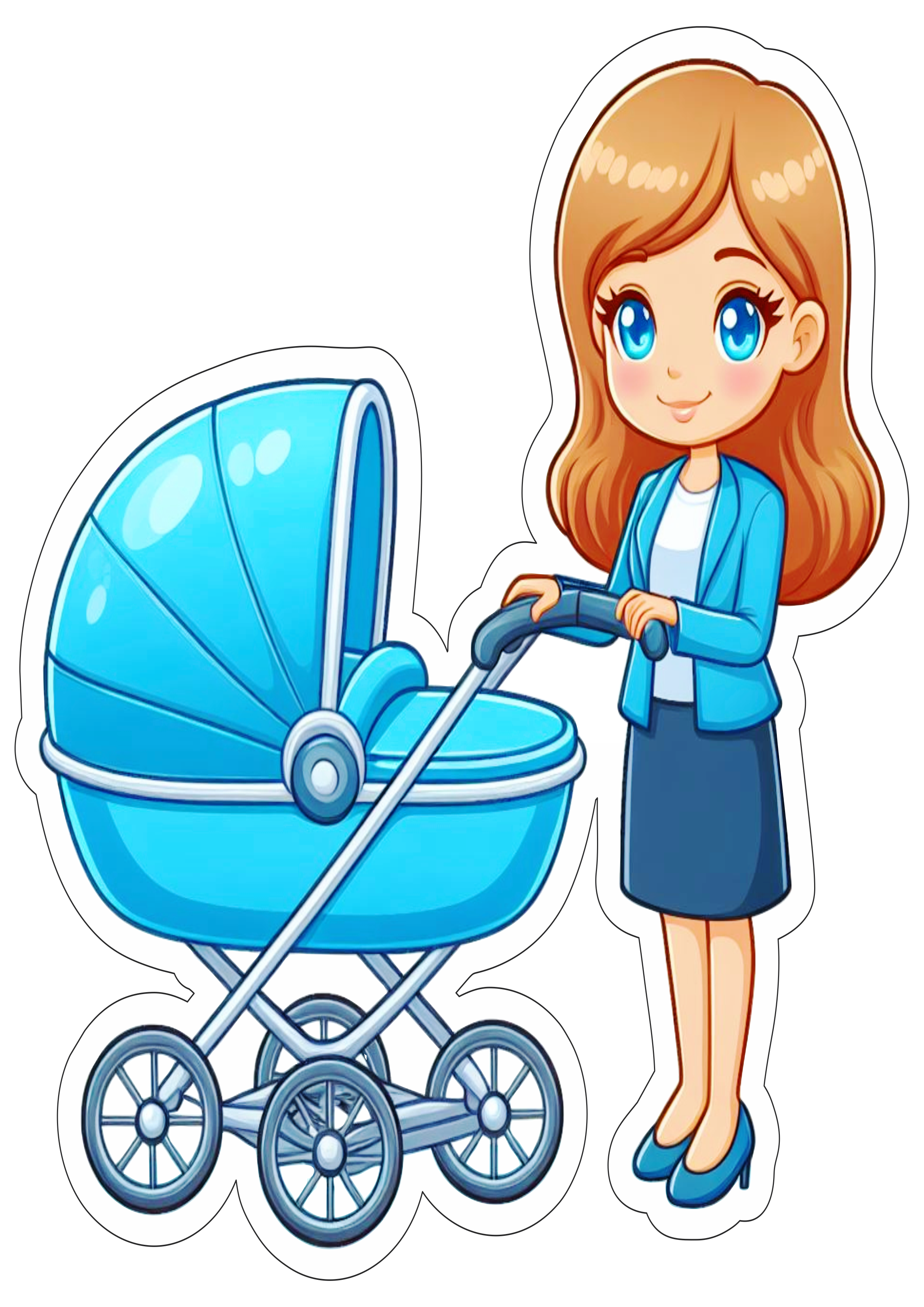 Carrinho de bebê azul desenho infantil fundo transparente com contorno vetor mãe png